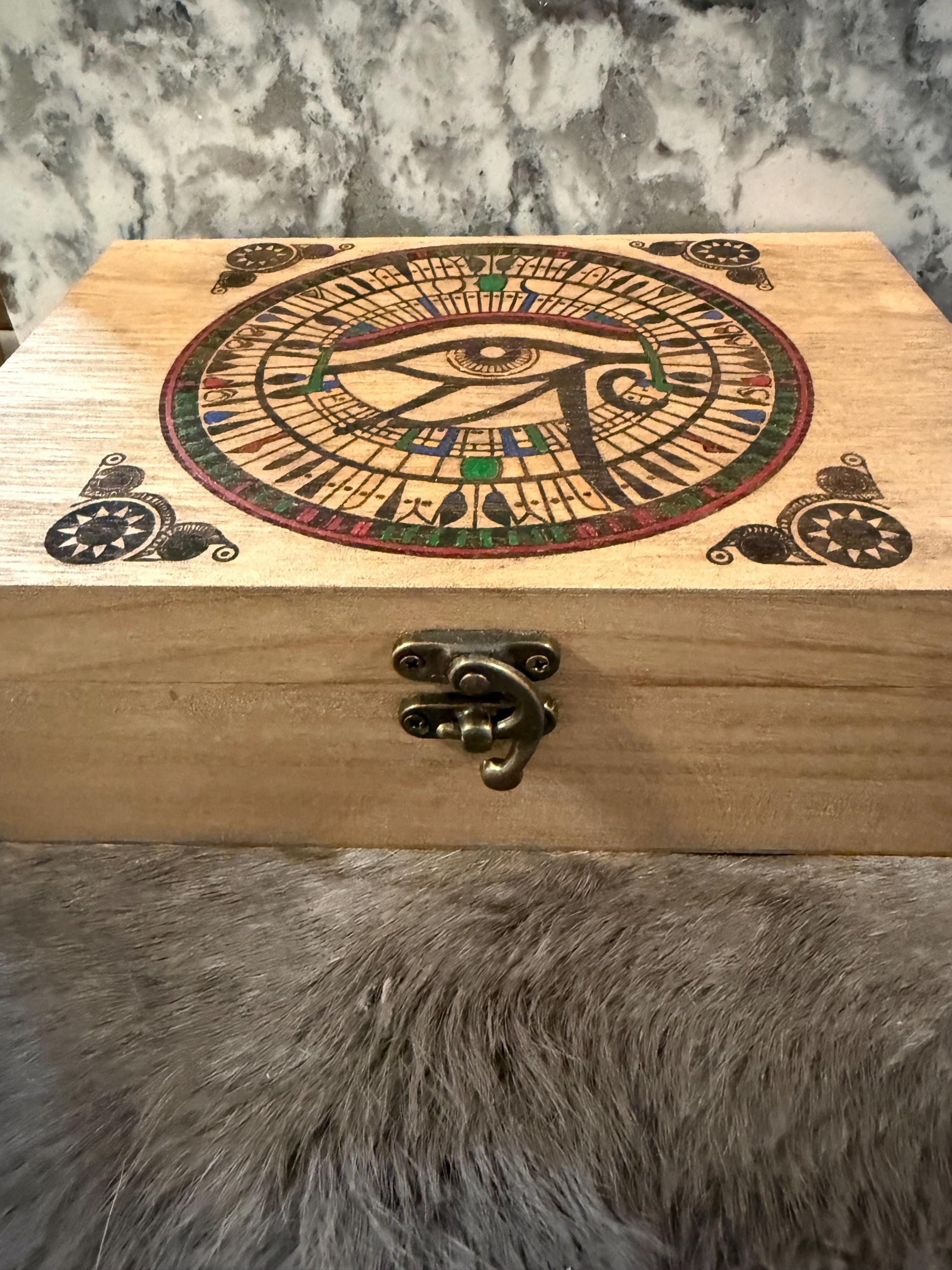 Eye of Ra Altar Box: Wood Burned Mosaic, Deity Storage