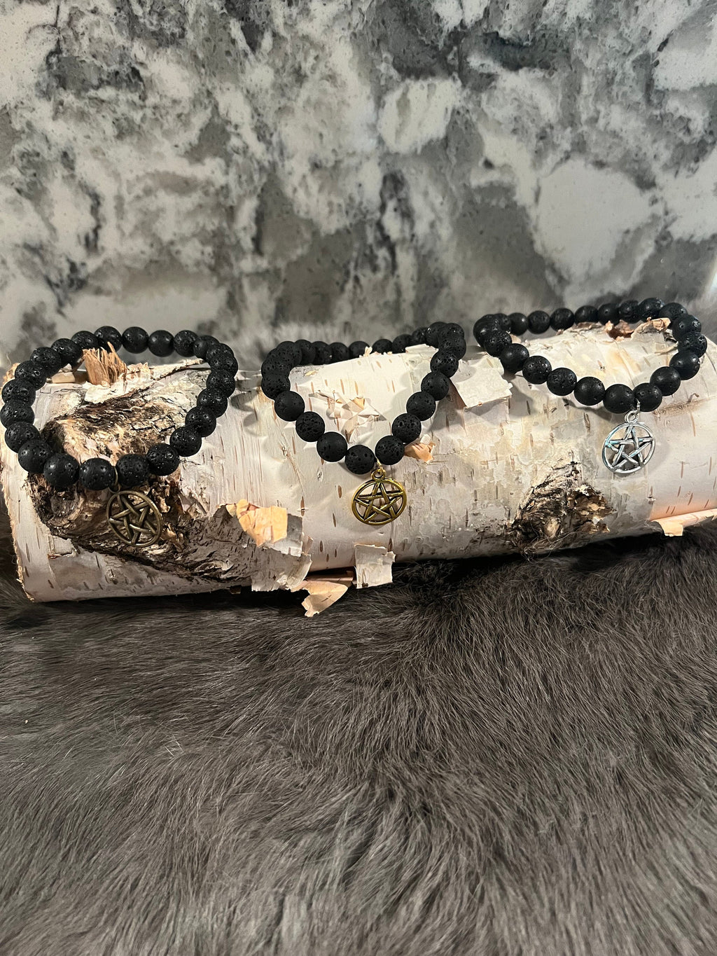Hand Beaded Lava Stone Bracelet with Pentacle Charm