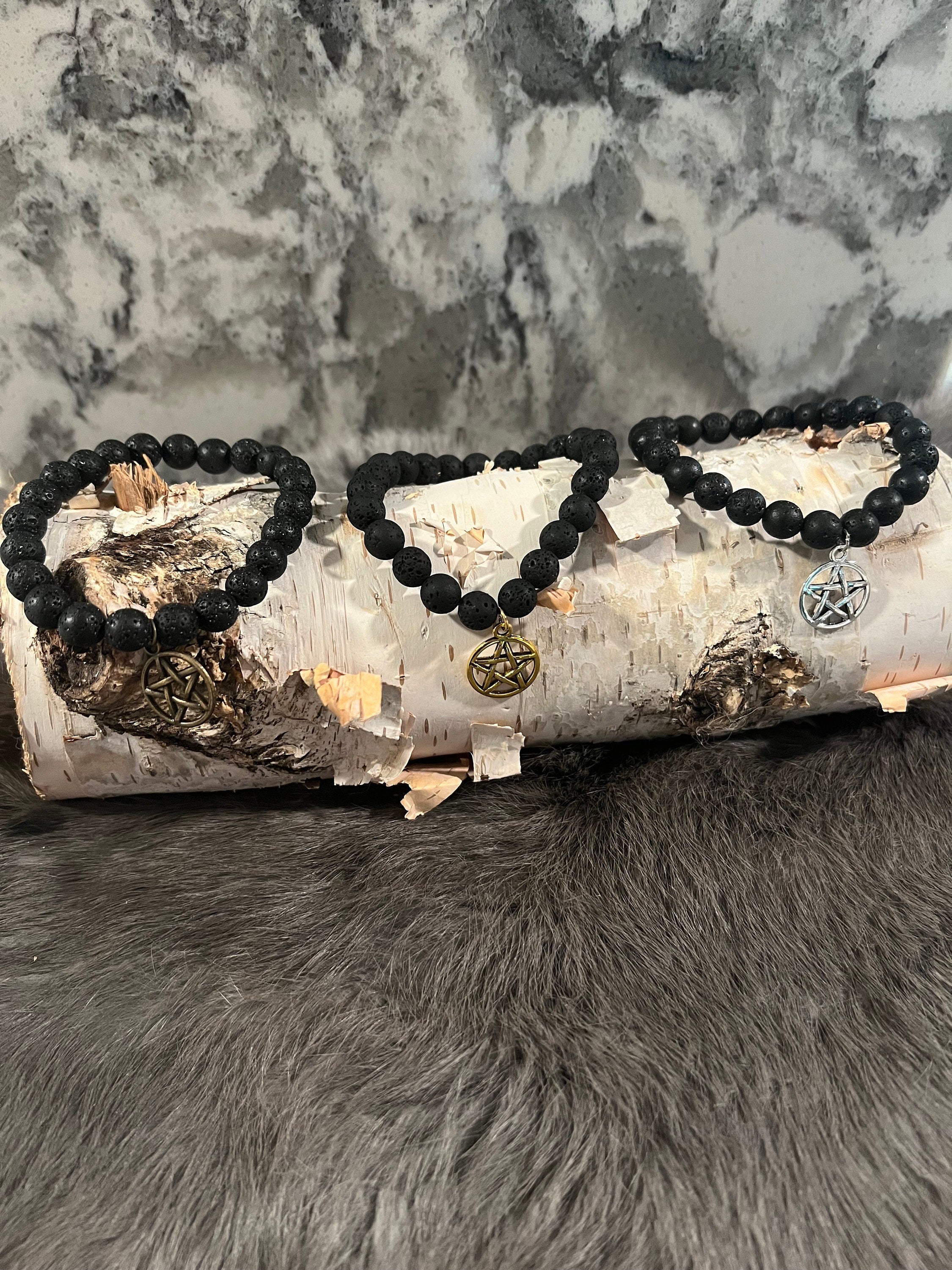 Hand Beaded Lava Stone Bracelet with Pentacle Charm