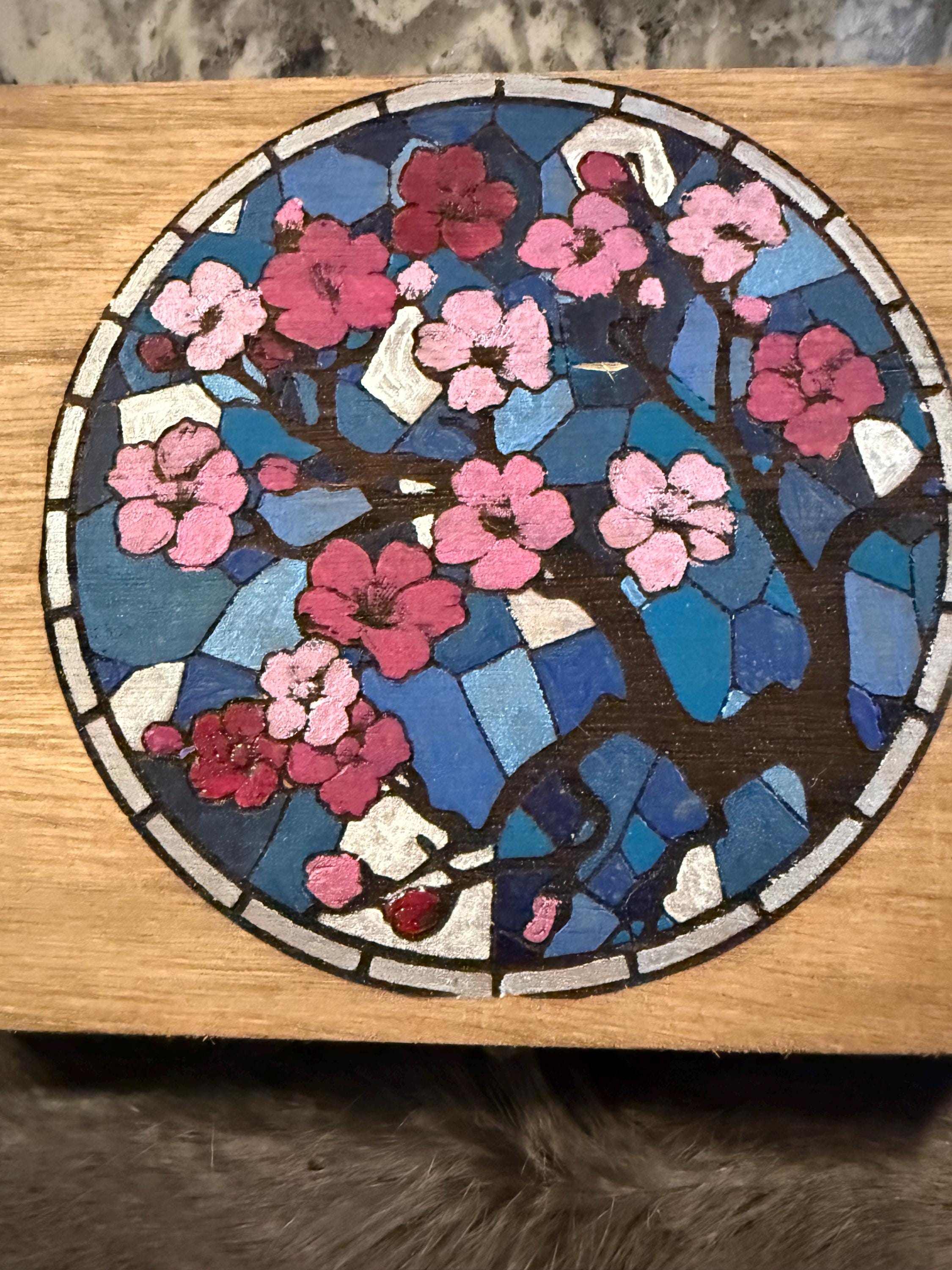 Cherry Blossom Altar Box: Stained Glass Style, Wood Burned