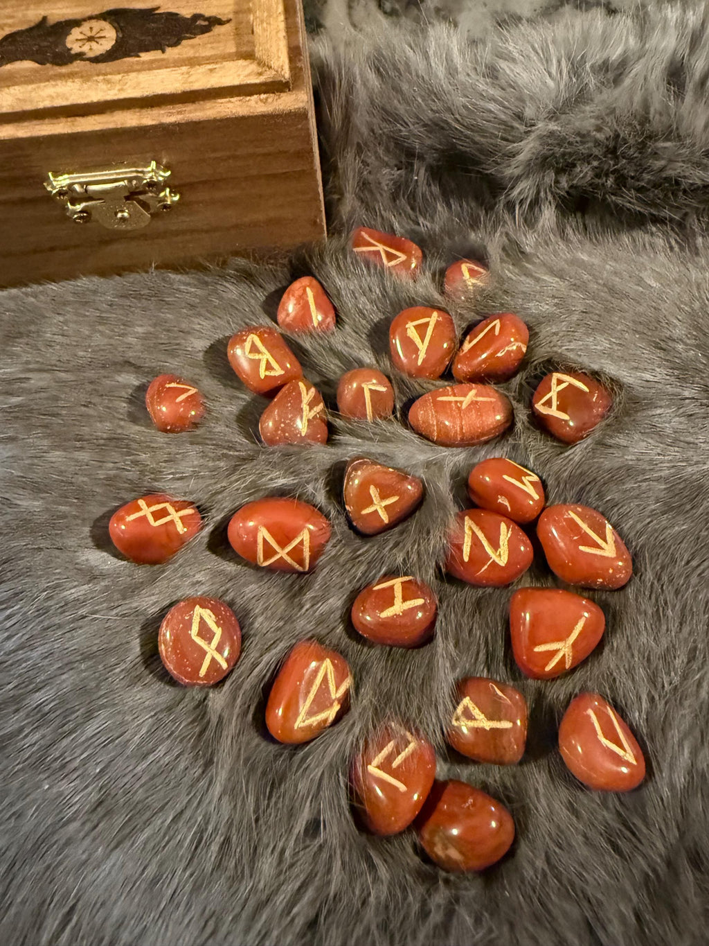Gemstone Rune Set: Elder Futhark Runes With Fenrir Etched Wooden Box