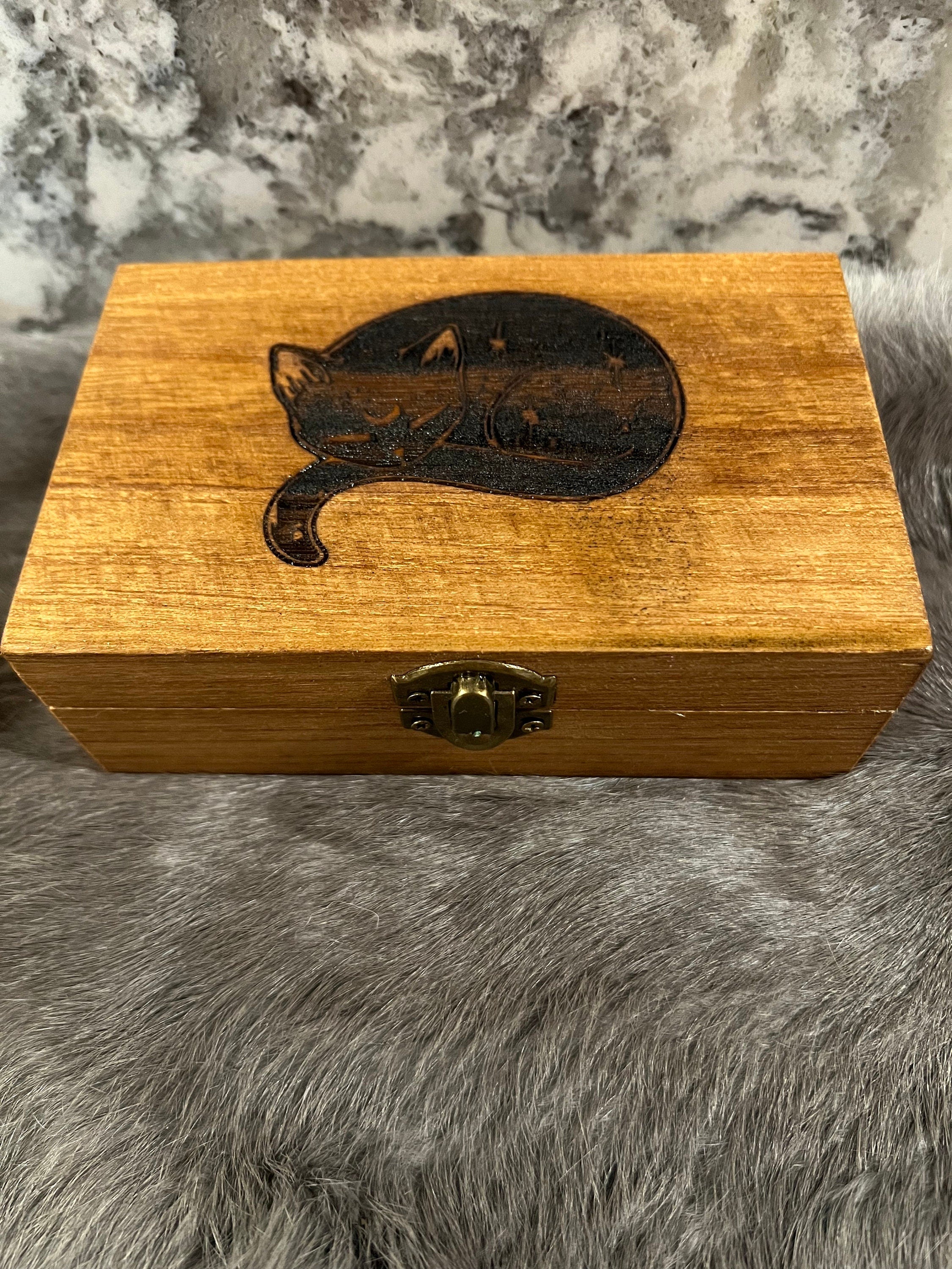 Etched Wood Tarot Card Box: Altar Box with Sleeping Cat