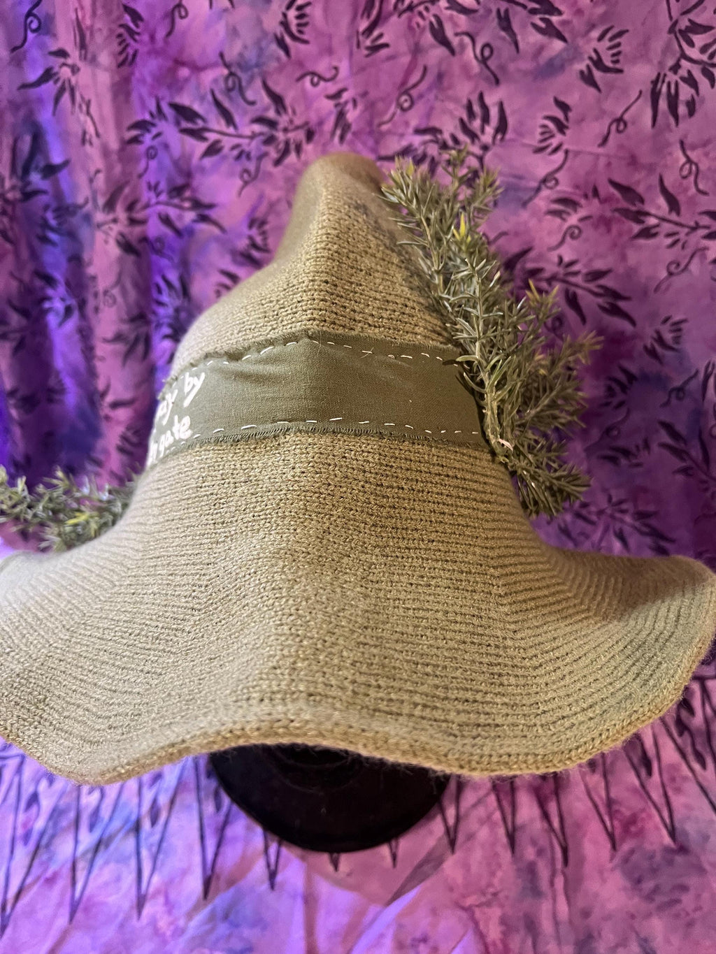 Knit Witch Hat: Green Linen Band, Faux Rosemary Decor