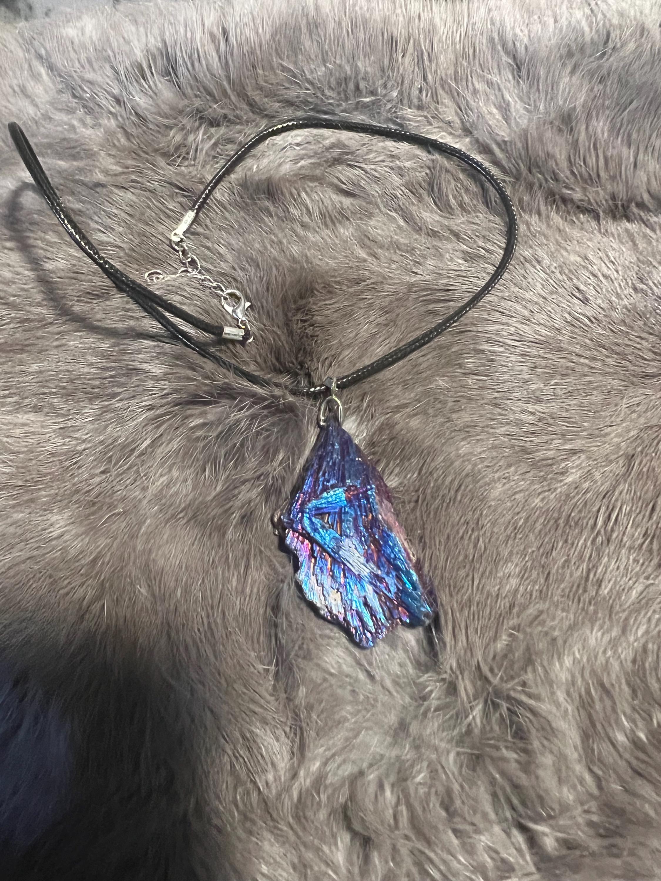 Aura Kyanite Witch Broom Pendant Necklace - Black Leather Cord