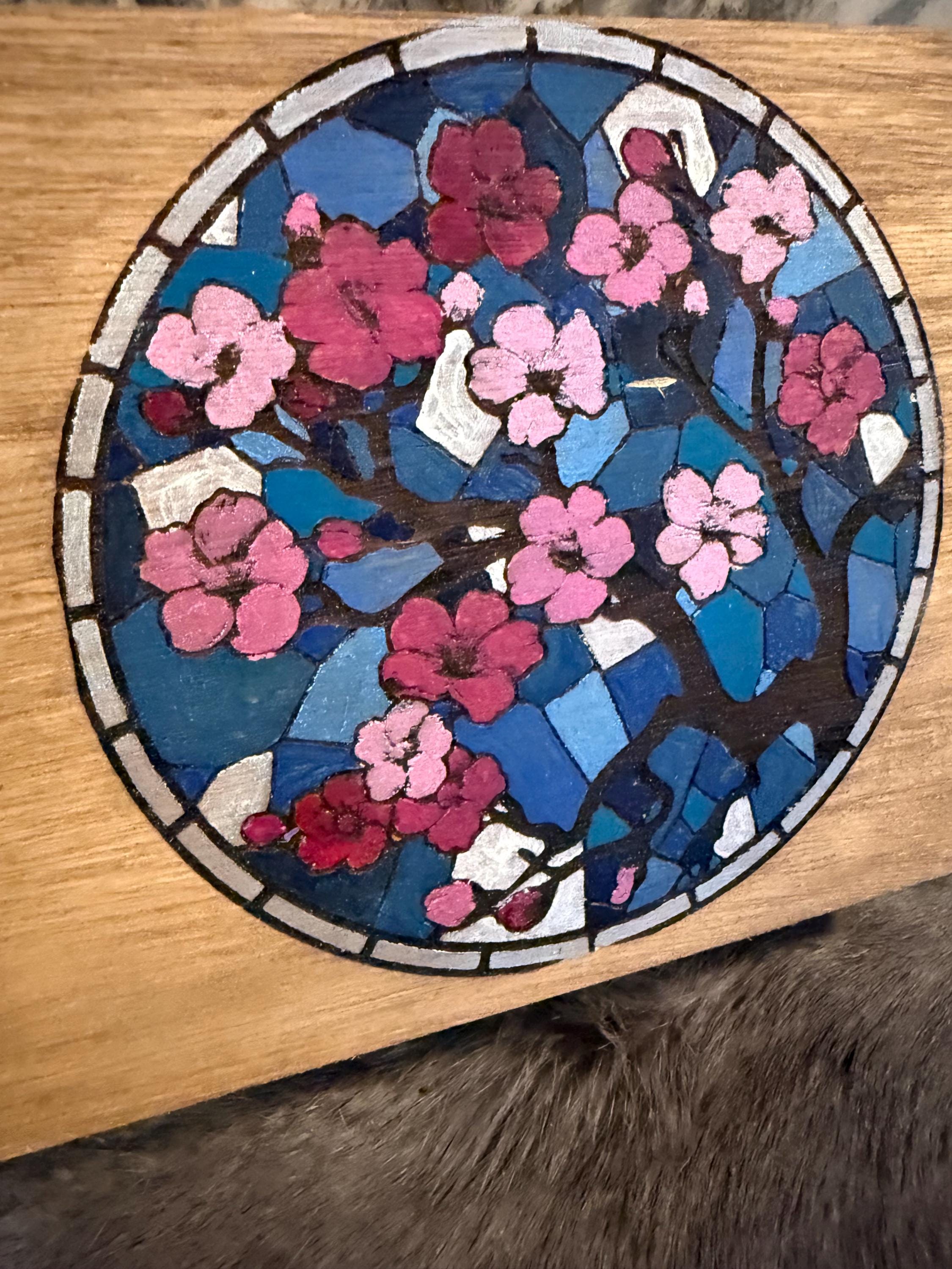 Cherry Blossom Altar Box: Stained Glass Style, Wood Burned