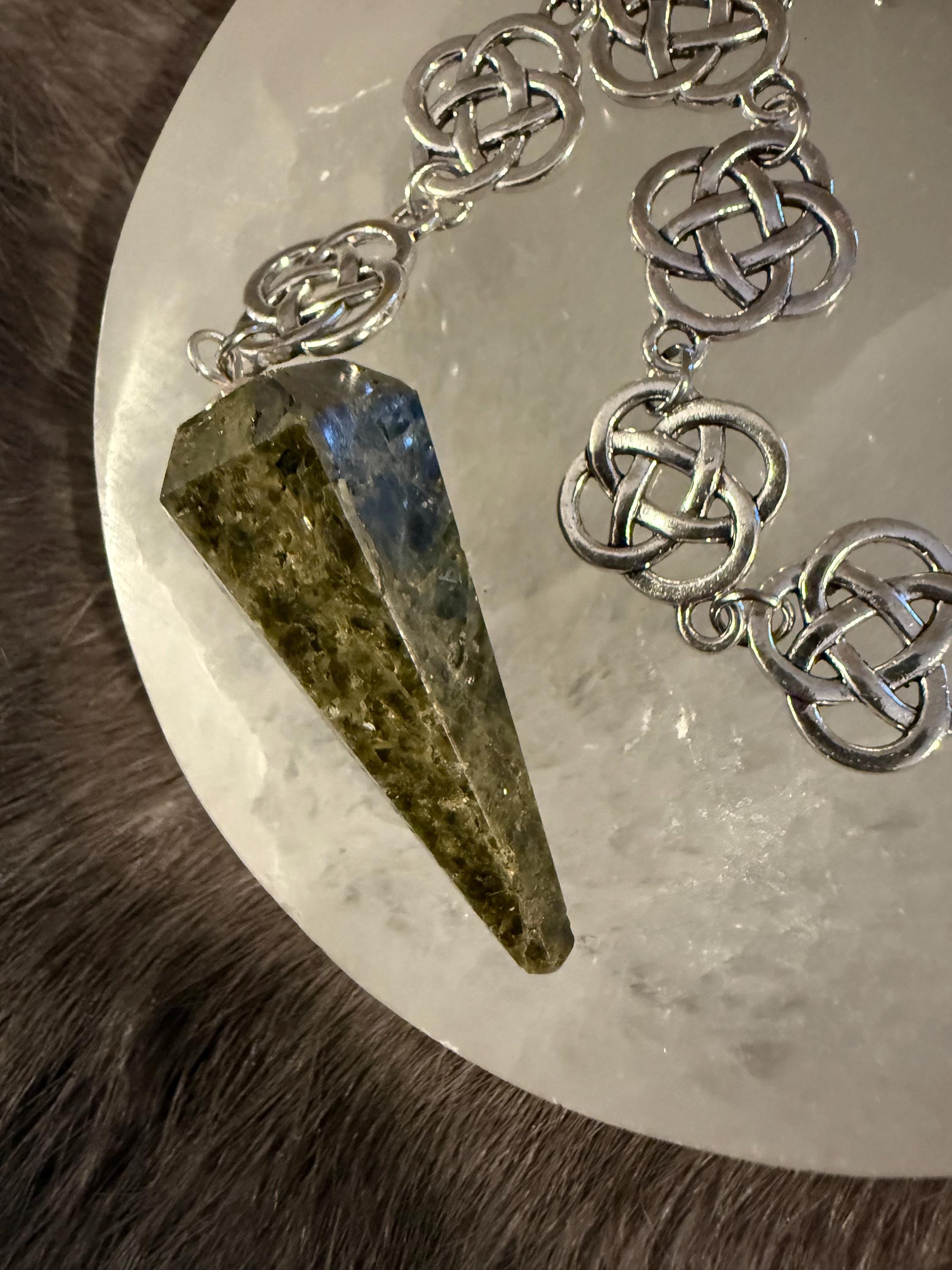 Green Tourmaline Pendulum: Beaded Celtic Knot Divination Tool