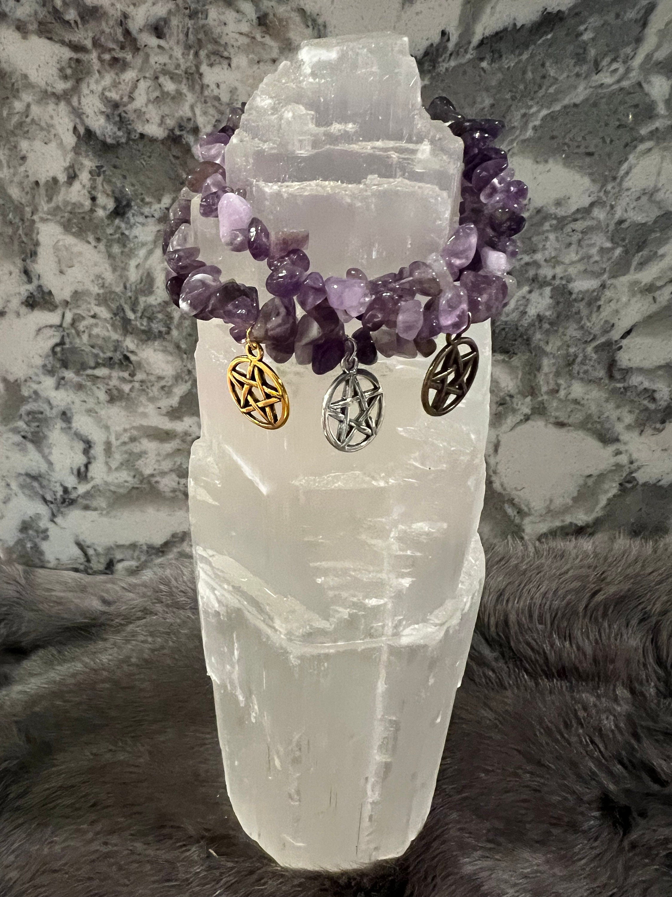 Handmade Amethyst Chip Bracelet with Pentacle Charm
