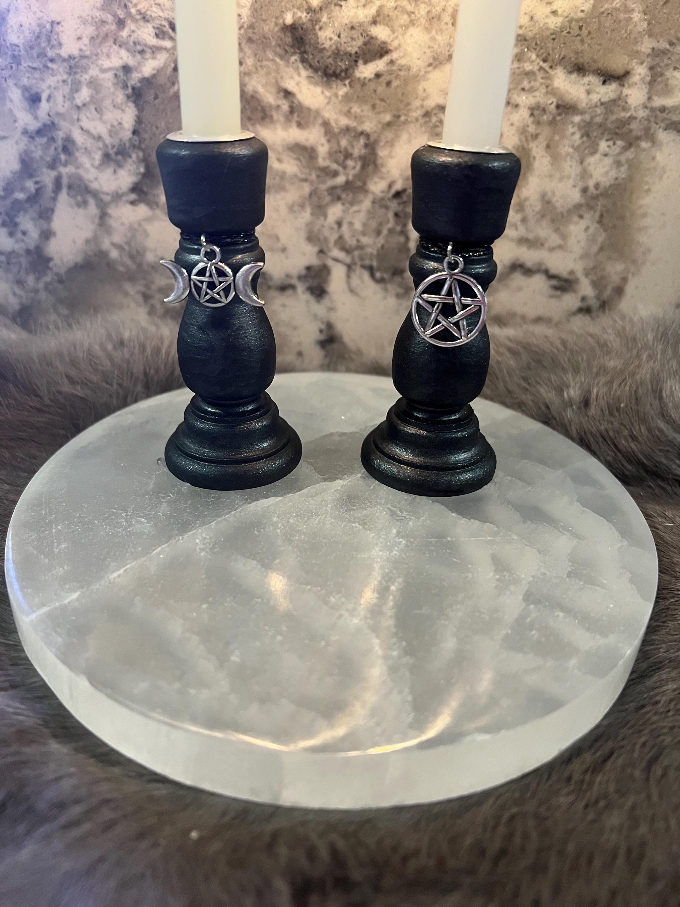 Wooden Chime Candle Holder: Ebony Black Altar Decor with Charm