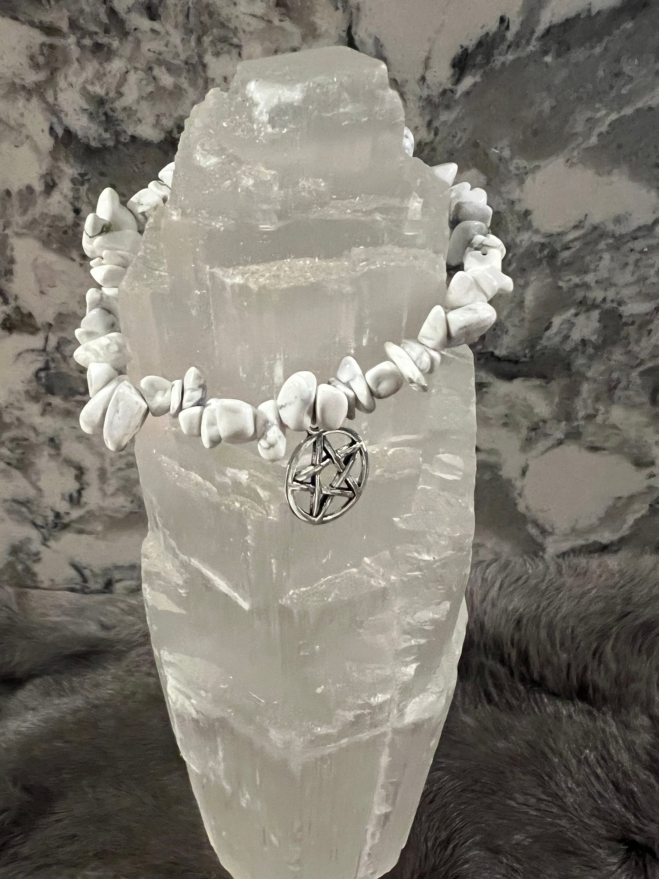 Handmade Howlite Chip Bracelet: Witchy Pentacle Charm
