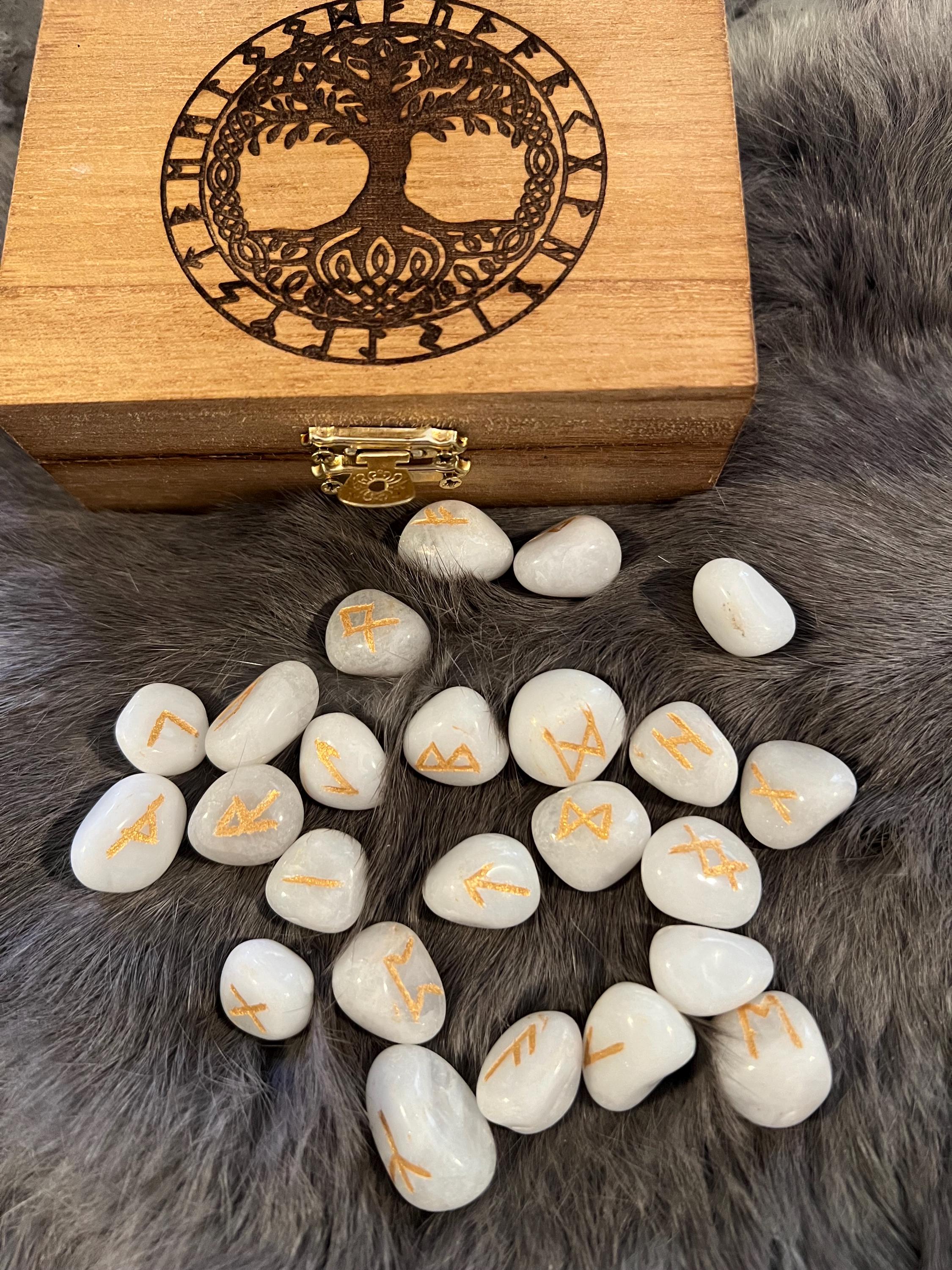 Quartz Rune Set - Gold Etched Elder Futhark, Yggdrasil Box