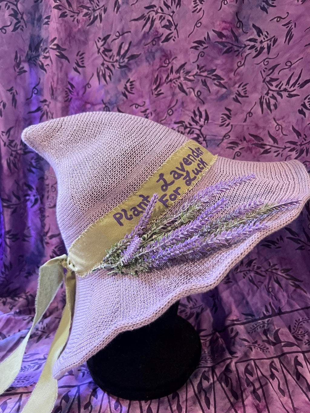 Lavender Witch Hat: Pale Purple Knit with Linen Band