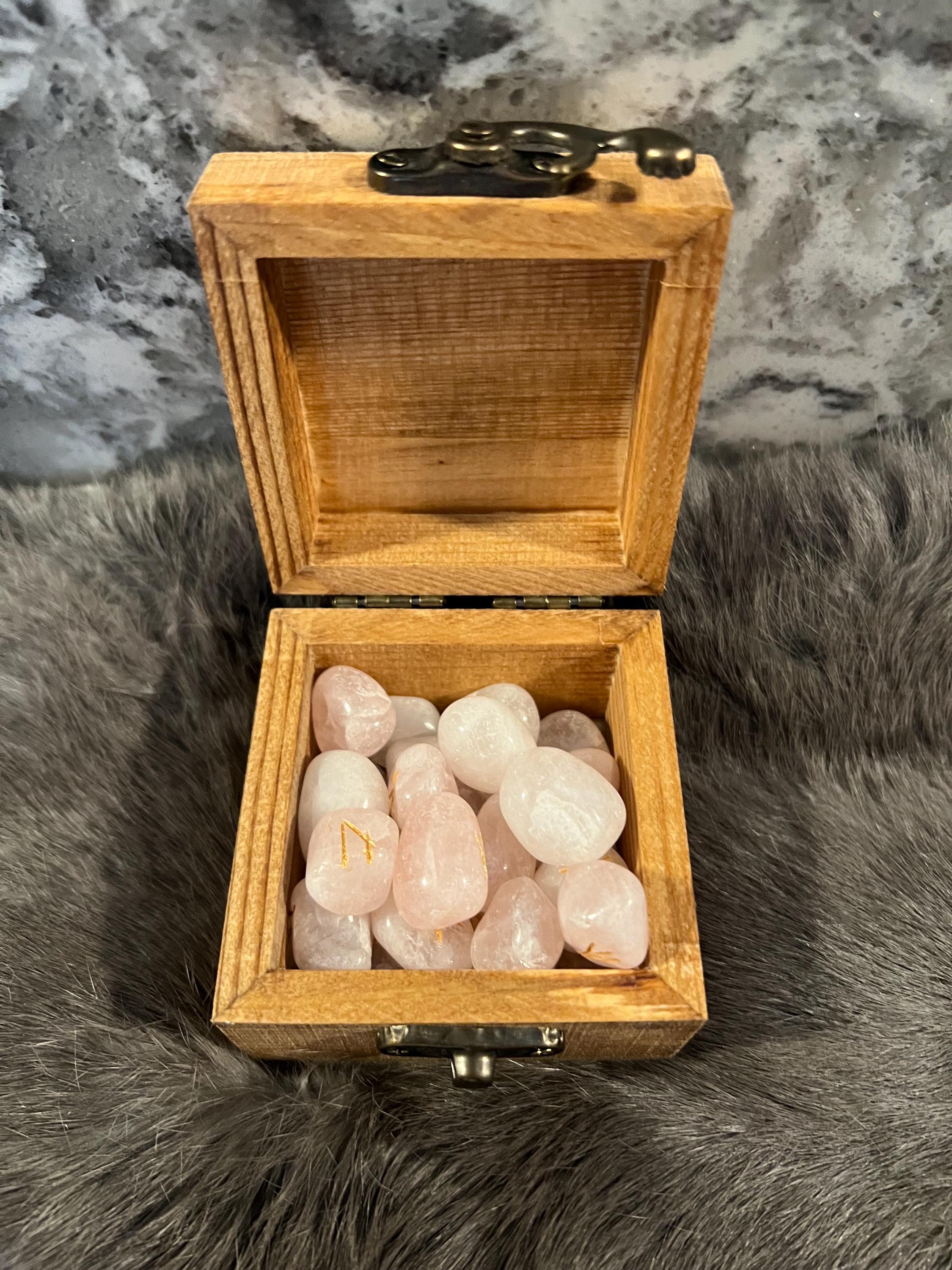 Rose Quartz Elder Futhark Rune Set – Etched Gold, Freya Box