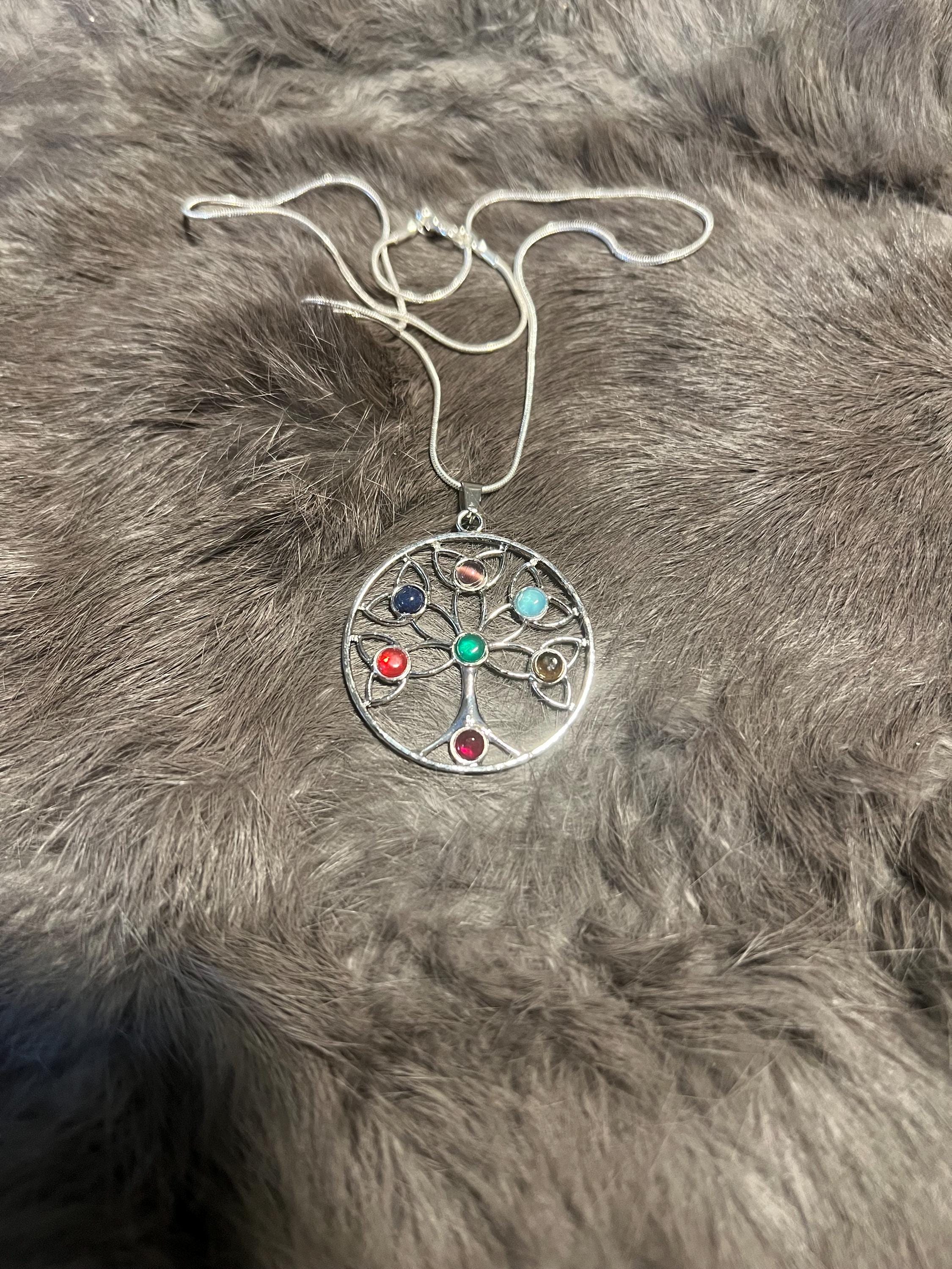 Celtic Tree of Life Necklace: Gemstone Inlay Pendant, Silver Chain