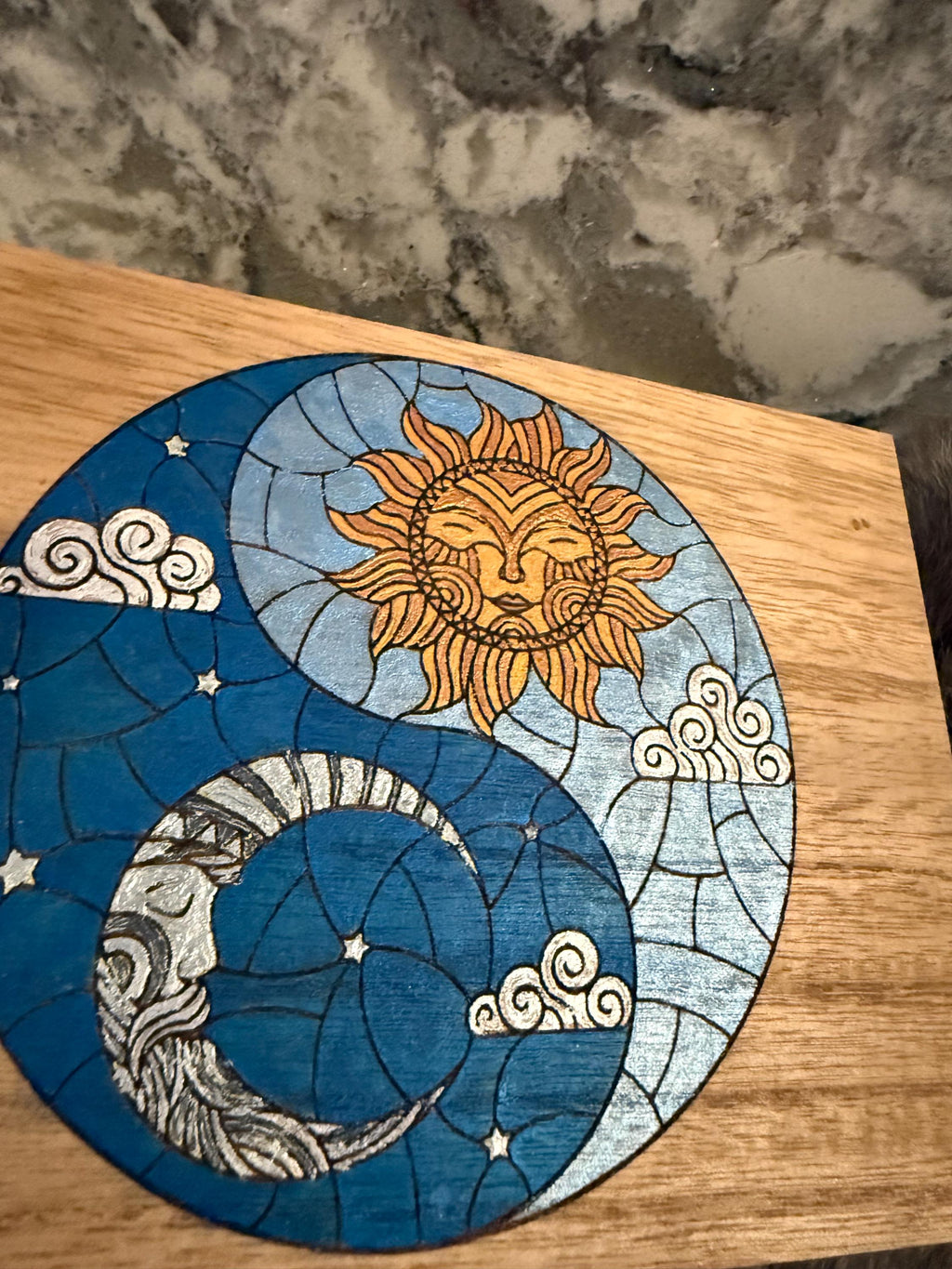 Celestial Yin Yang Altar Box: Wood Burned Sun & Moon