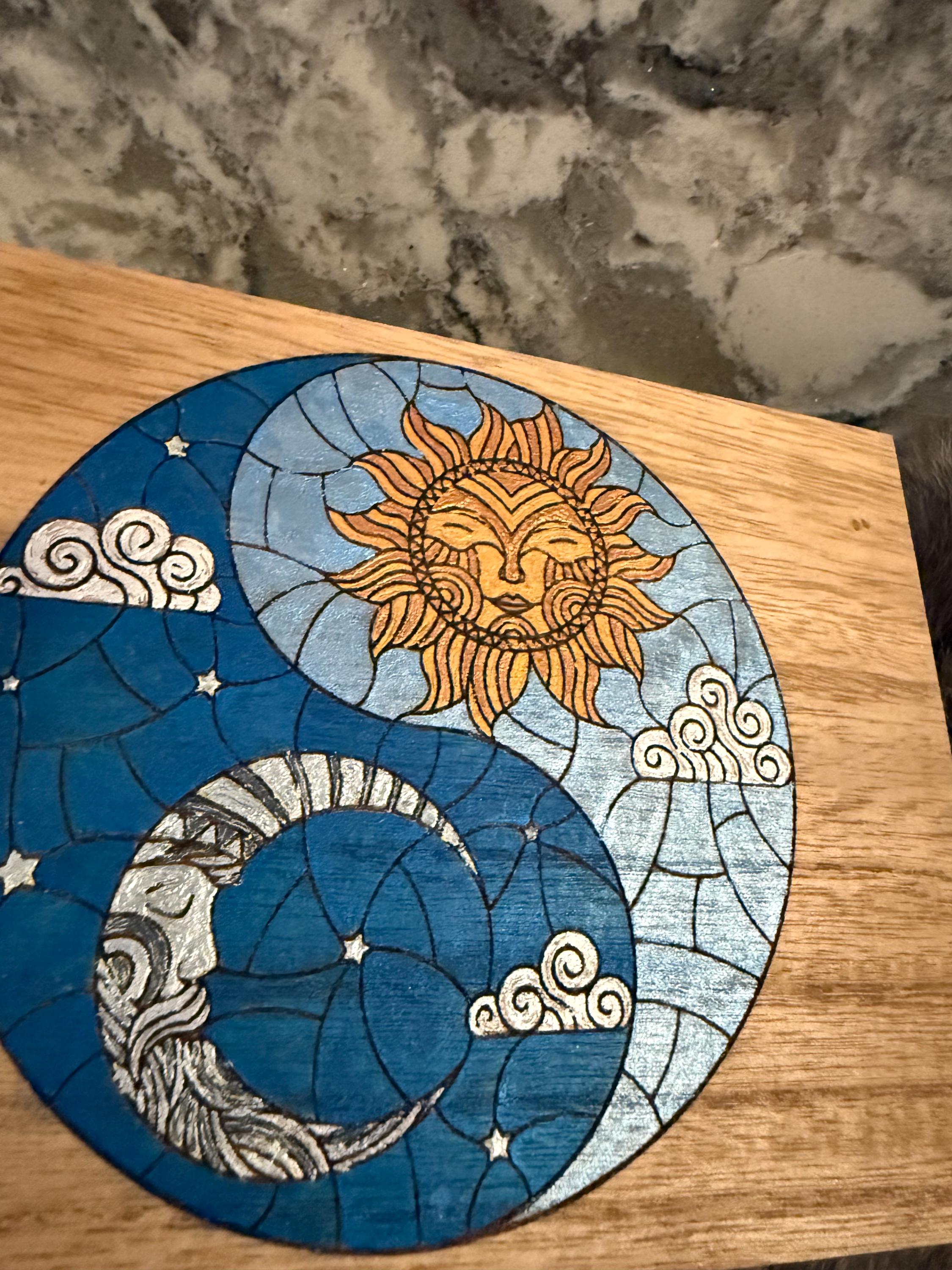 Celestial Yin Yang Altar Box: Wood Burned Sun & Moon