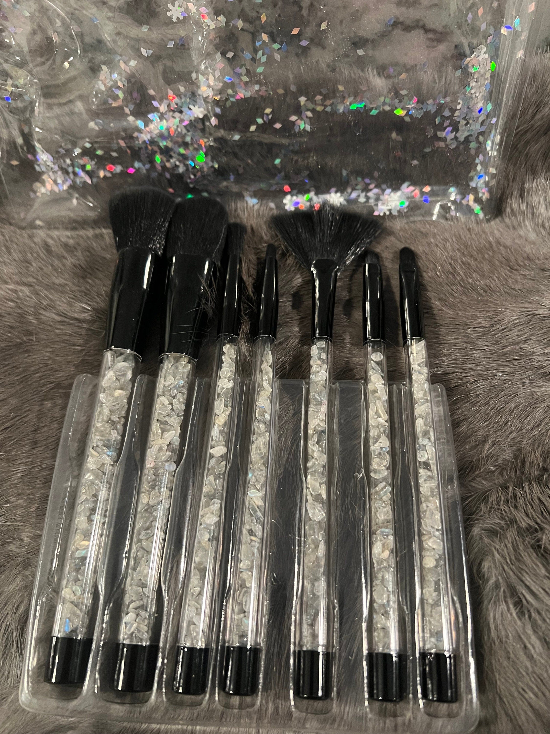 Gemstone Makeup Brush Set: Witchy Black Brushes with Labradorite Chips