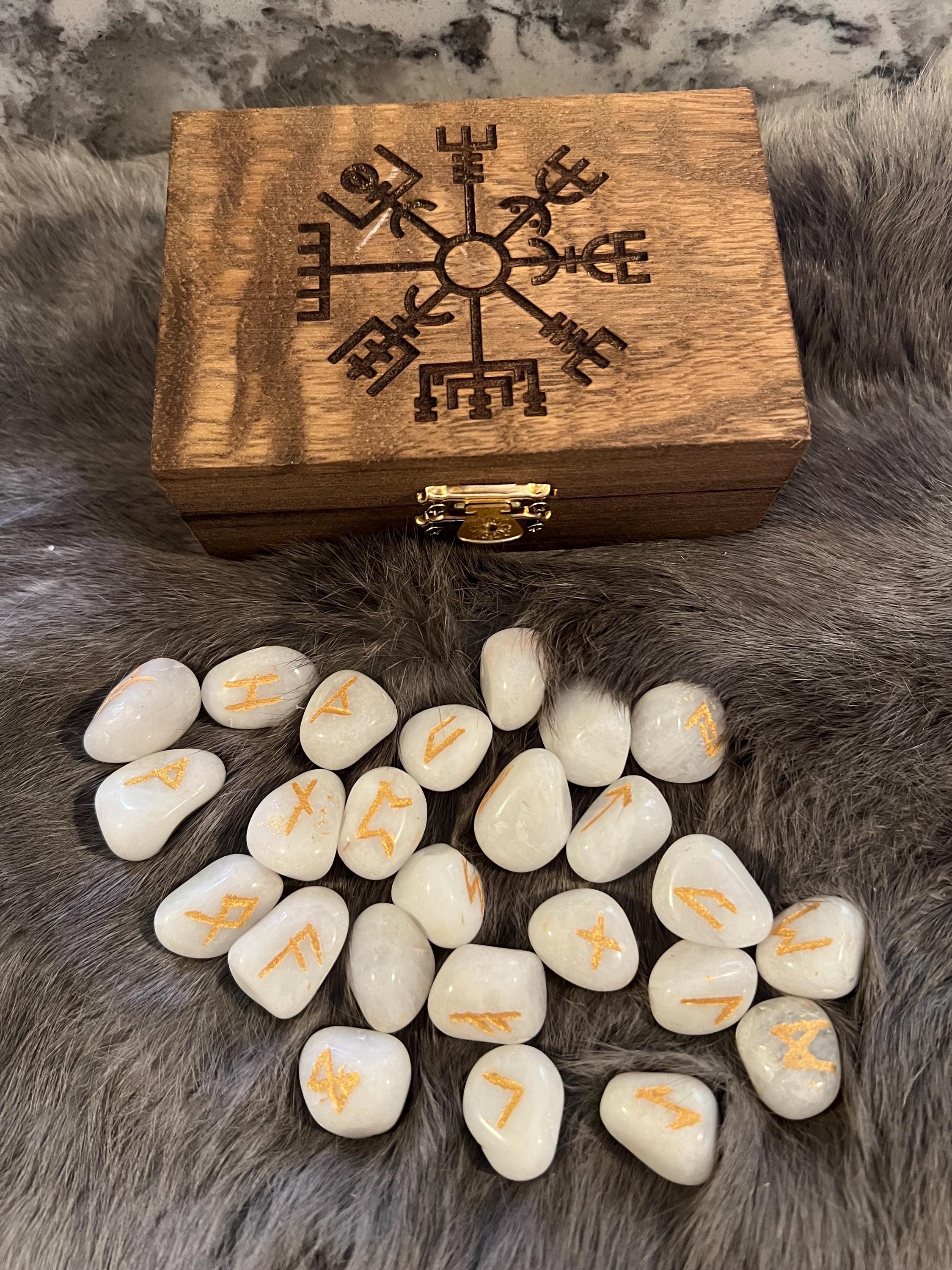 Quartz Elder Futhark Rune Set – Viking Divination Runes with Vegvisir Box