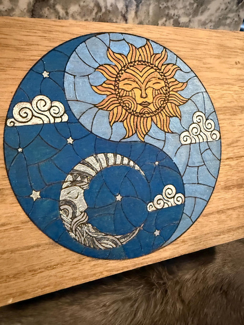 Celestial Yin Yang Altar Box: Wood Burned Sun & Moon