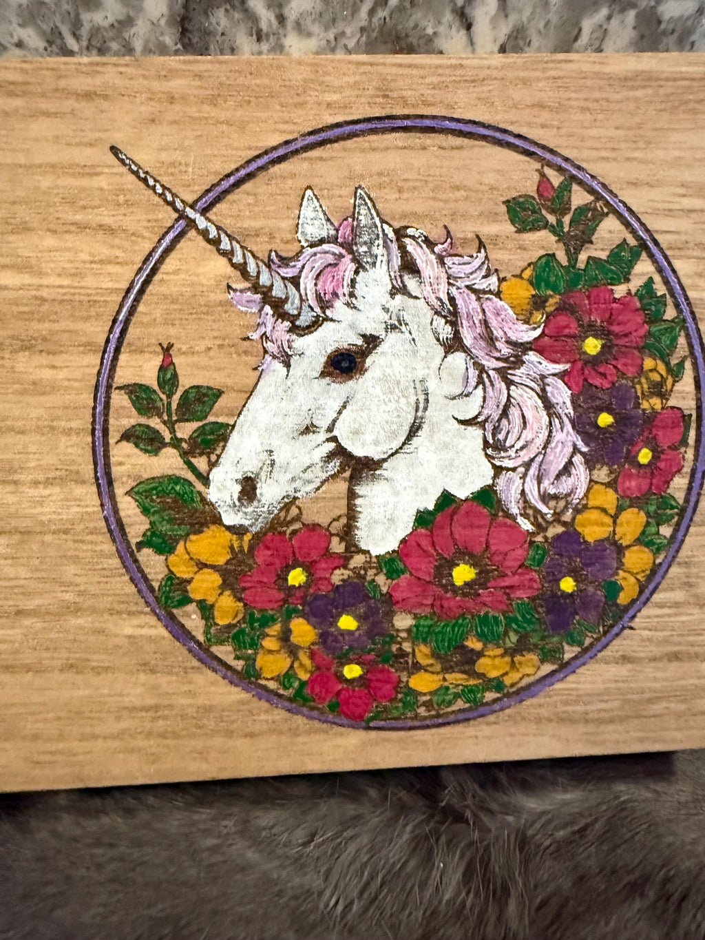 Wood Burned Unicorn Altar Box: Fantasy Wildflower Design