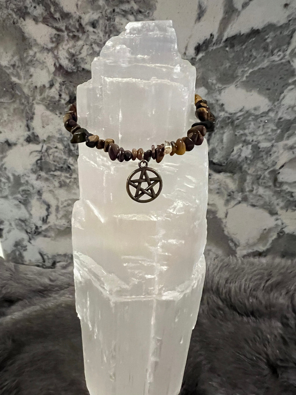 Tiger's Eye Chip Bracelet: Hand Beaded Gemstone Pentacle Charm