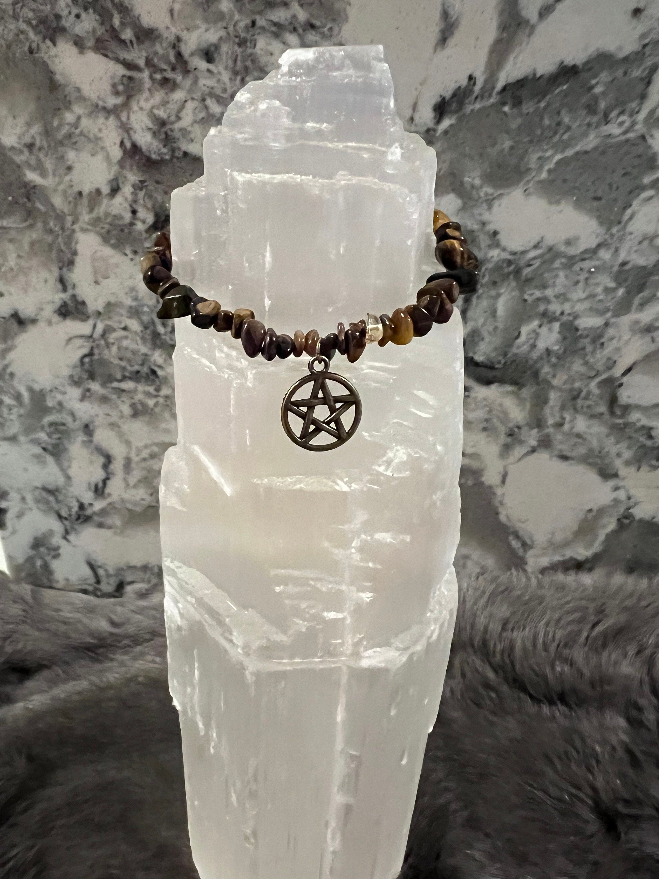 Tiger's Eye Chip Bracelet: Hand Beaded Gemstone Pentacle Charm