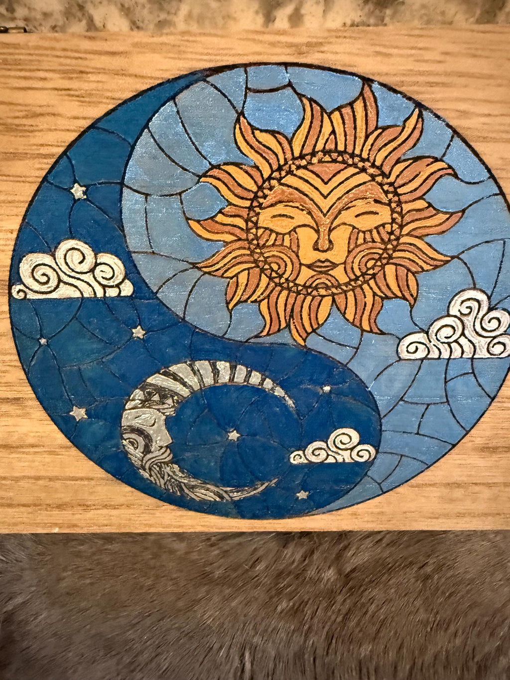 Celestial Yin Yang Altar Box: Wood Burned Sun & Moon