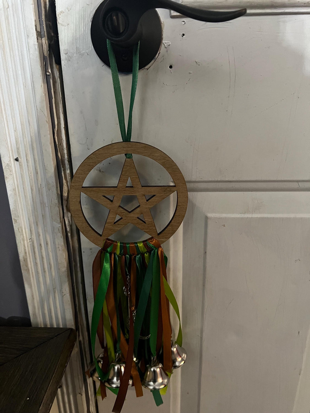 Green Witch Bells: Pentacle Door Hanger, Spiritual Protection