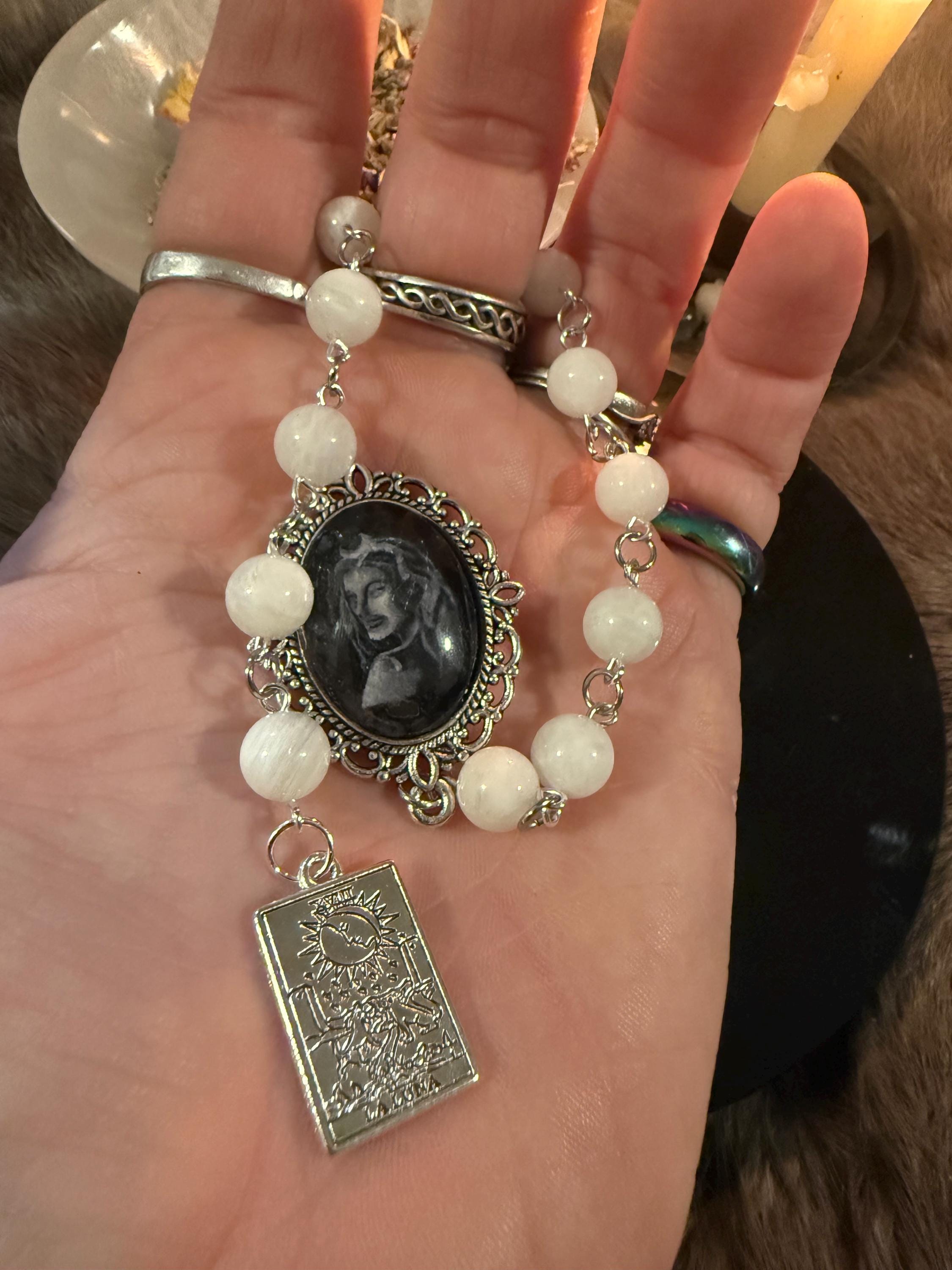 Nyx Prayer Beads: Rainbow Moonstone, La Luna Tarot Charm