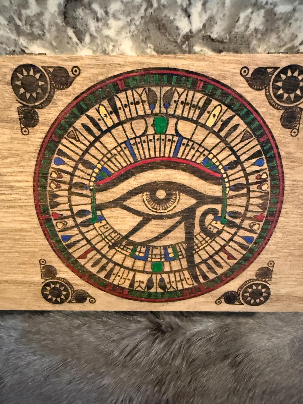 Eye of Ra Altar Box: Wood Burned Mosaic, Deity Storage