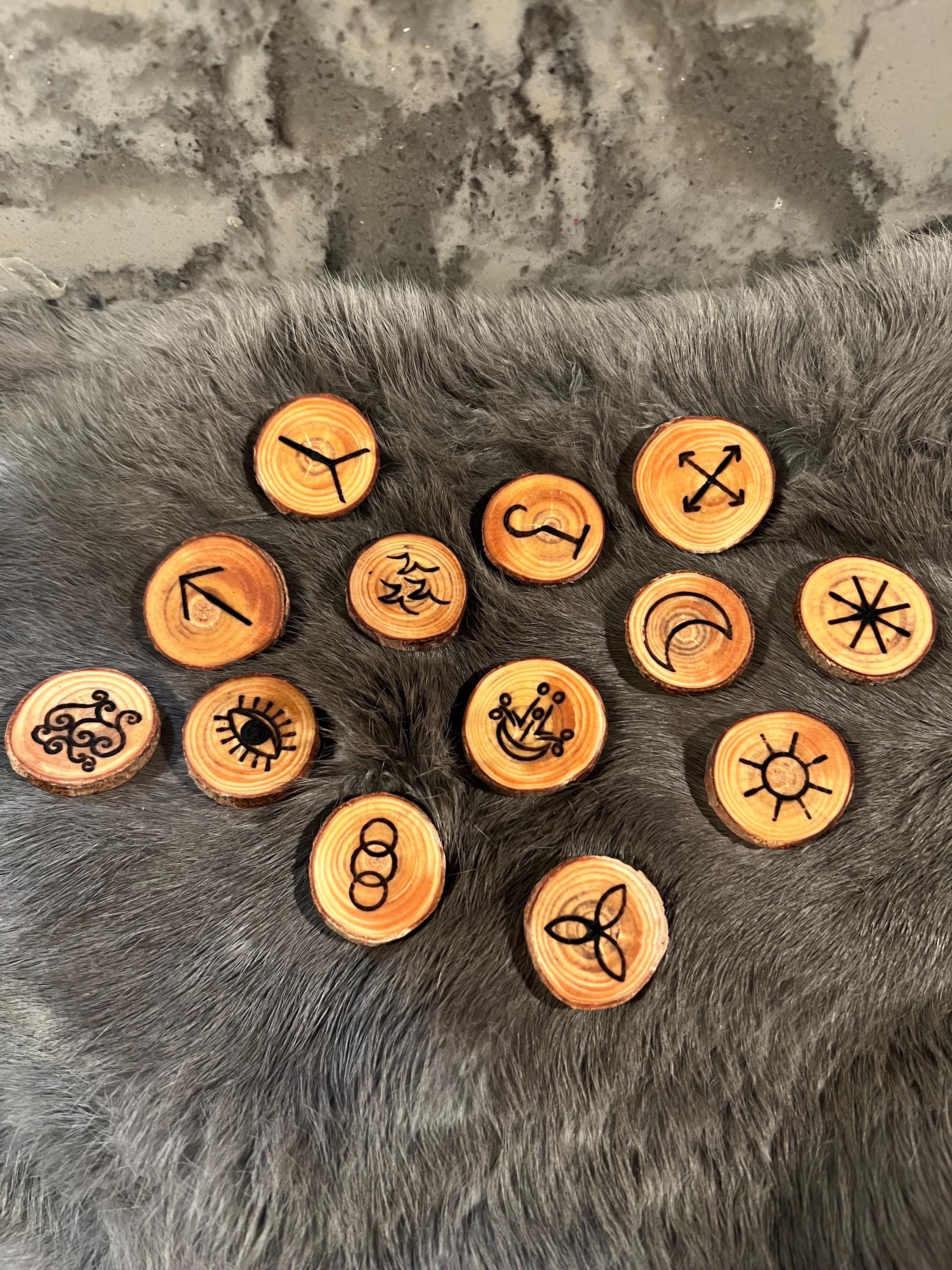Wooden Witch Rune Set – Pine Discs, Divination Tool, Velvet Bag