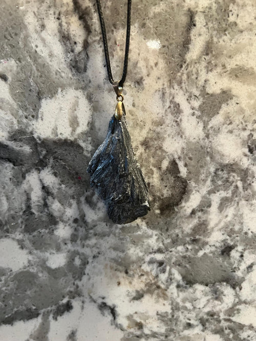 Black Kyanite Broom Pendant Necklace - Witchy Gemstone Jewelry