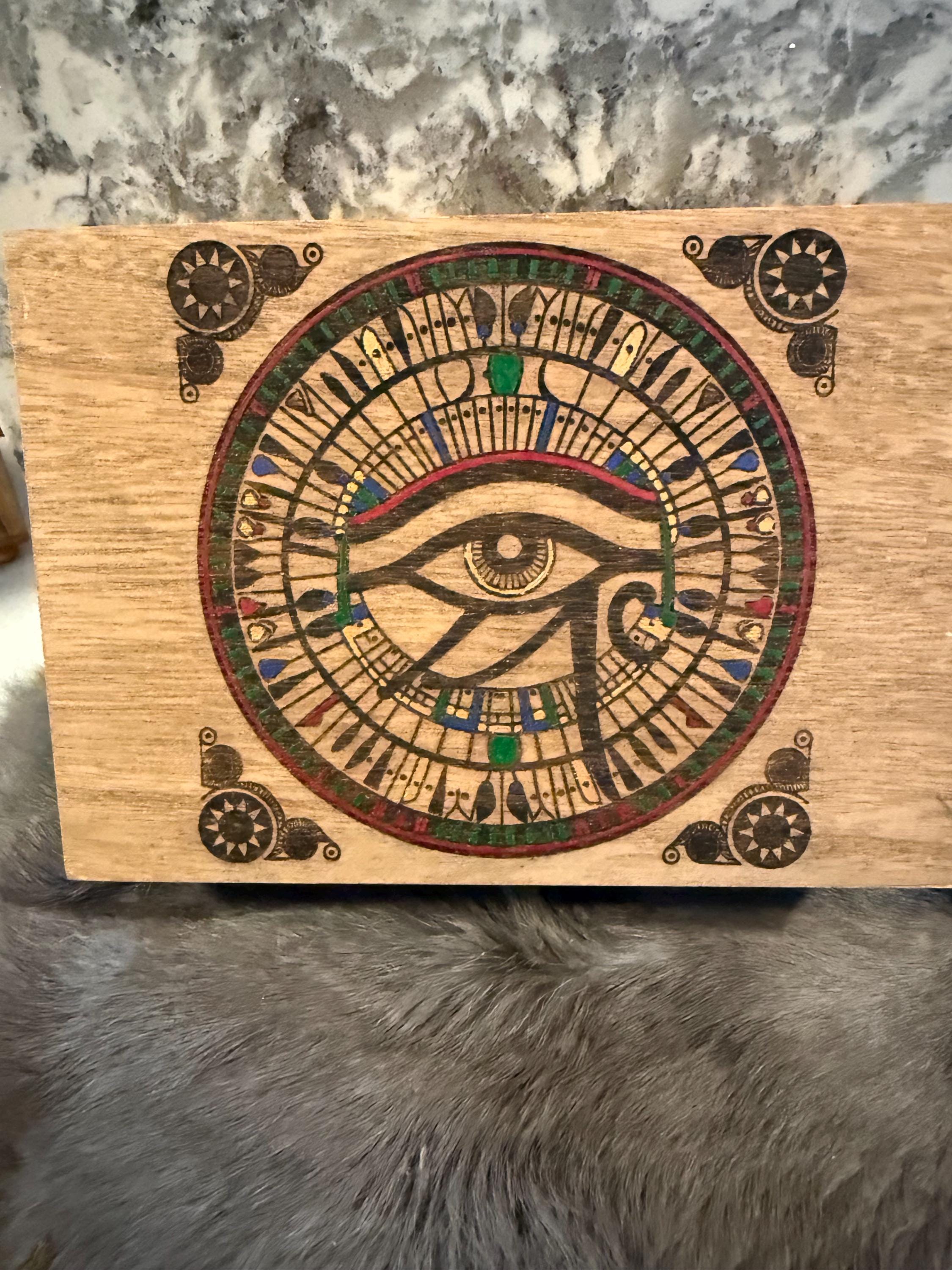 Eye of Ra Altar Box: Wood Burned Mosaic, Deity Storage