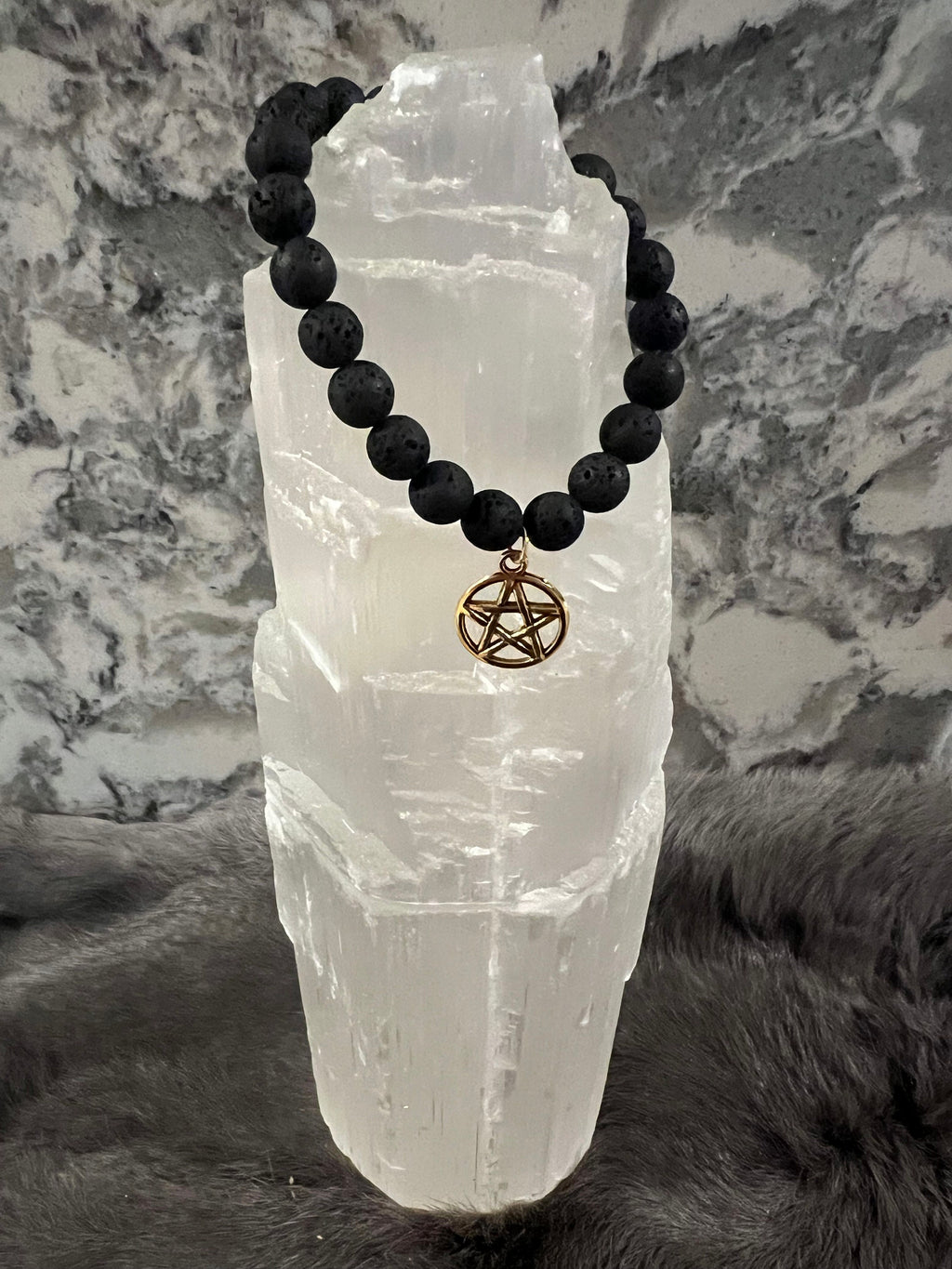 Hand Beaded Lava Stone Bracelet with Pentacle Charm