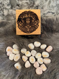 Rose Quartz Elder Futhark Rune Set – Etched Gold, Freya Box