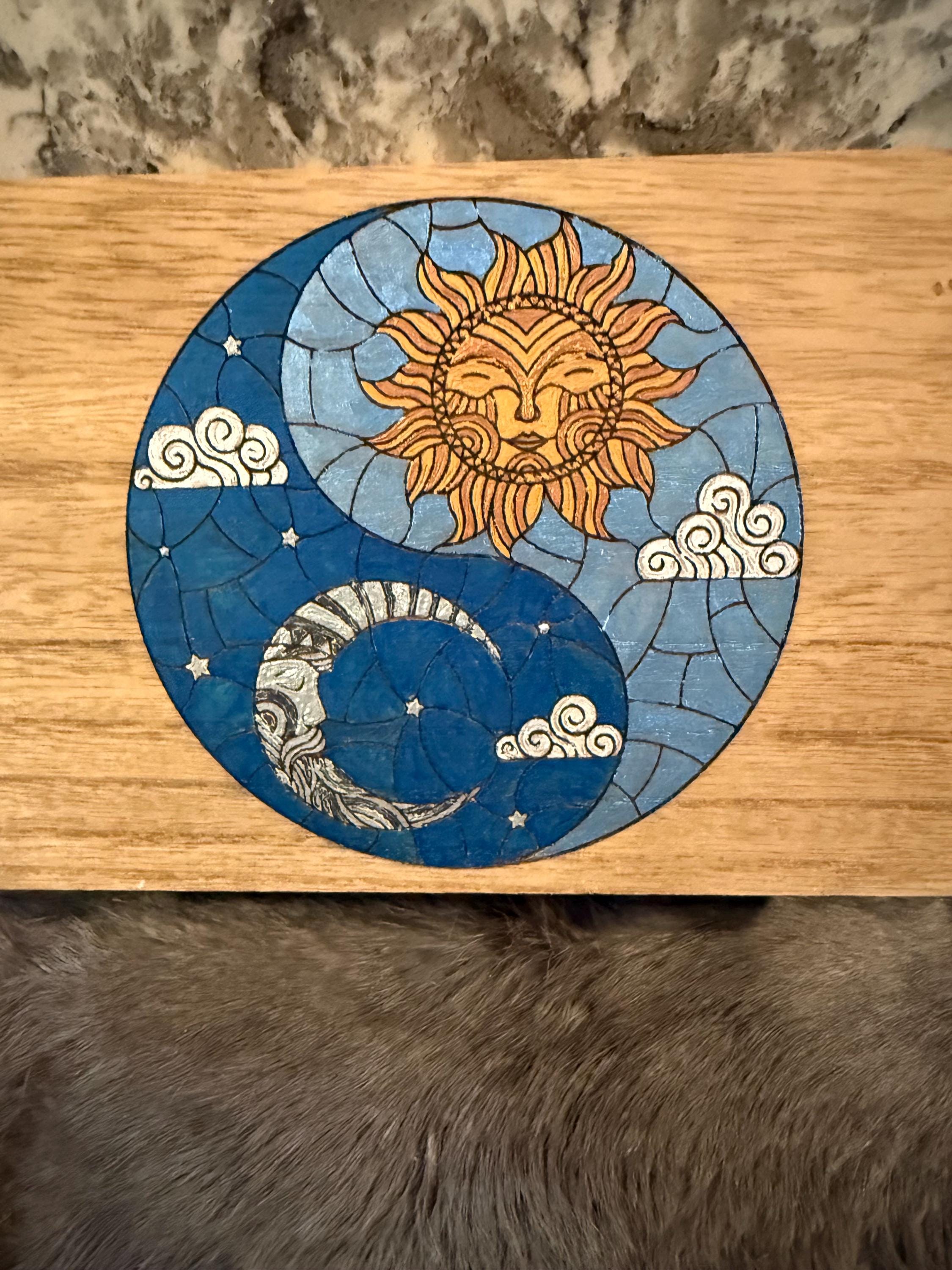 Celestial Yin Yang Altar Box: Wood Burned Sun & Moon