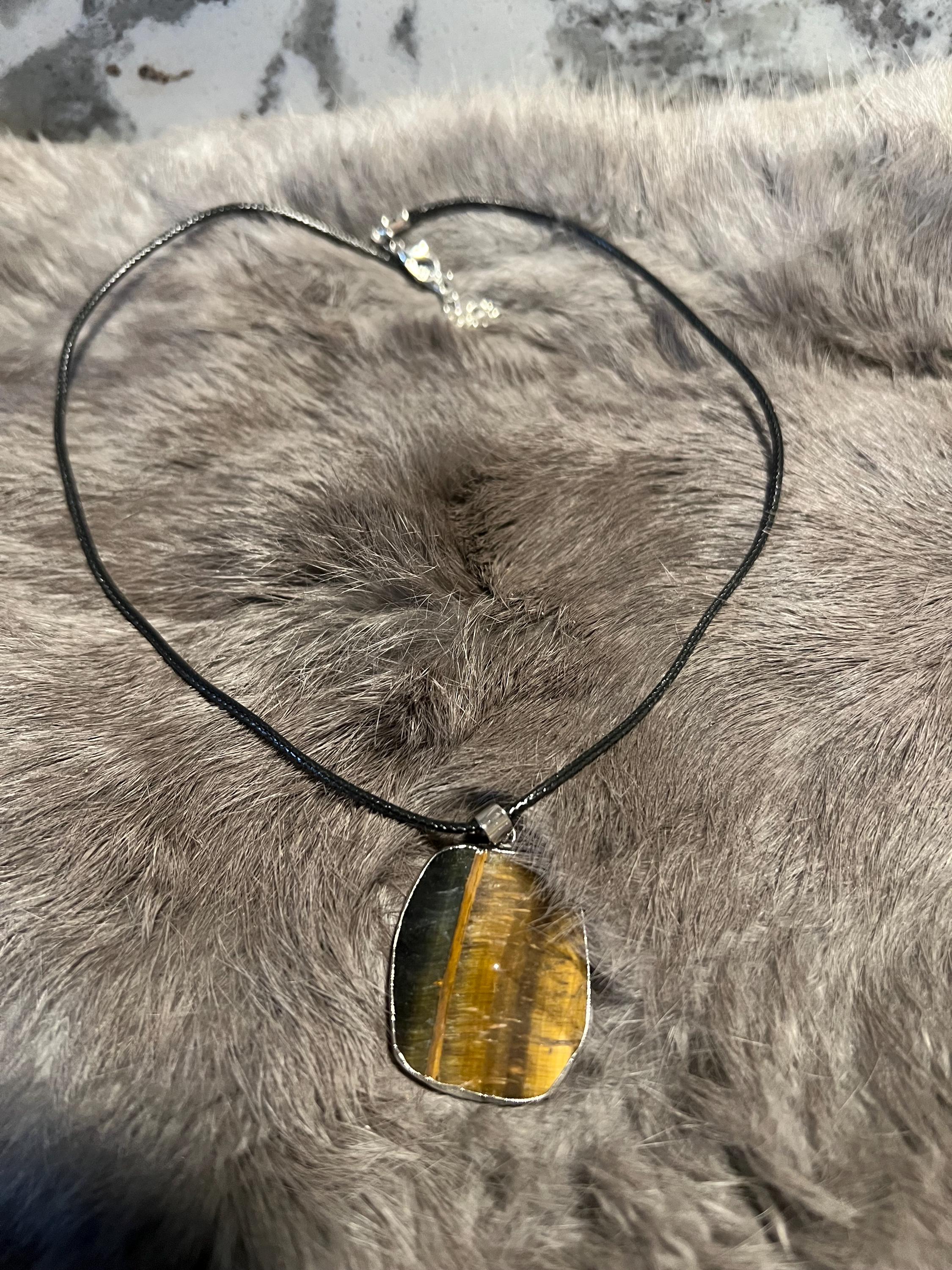 Silver Wrapped Tiger's Eye Pendant Necklace - Leather Cord