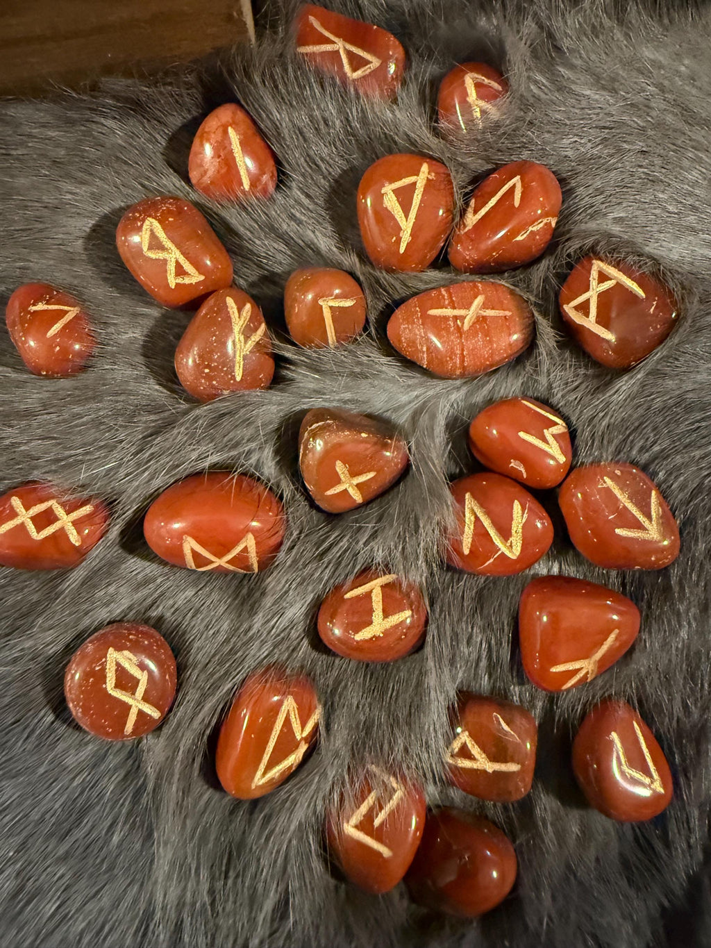 Gemstone Rune Set: Elder Futhark Runes With Fenrir Etched Wooden Box