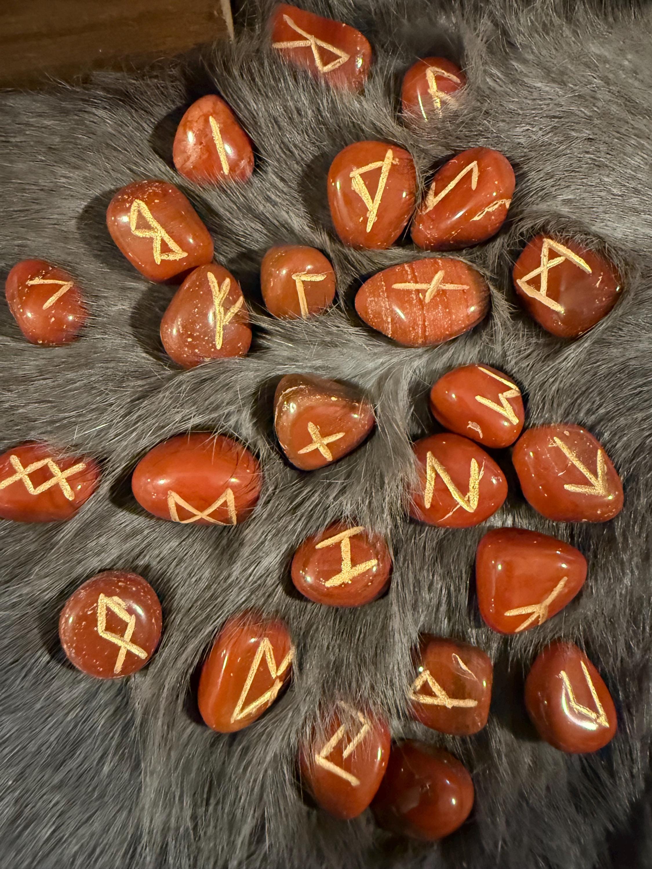 Gemstone Rune Set: Elder Futhark Runes With Fenrir Etched Wooden Box