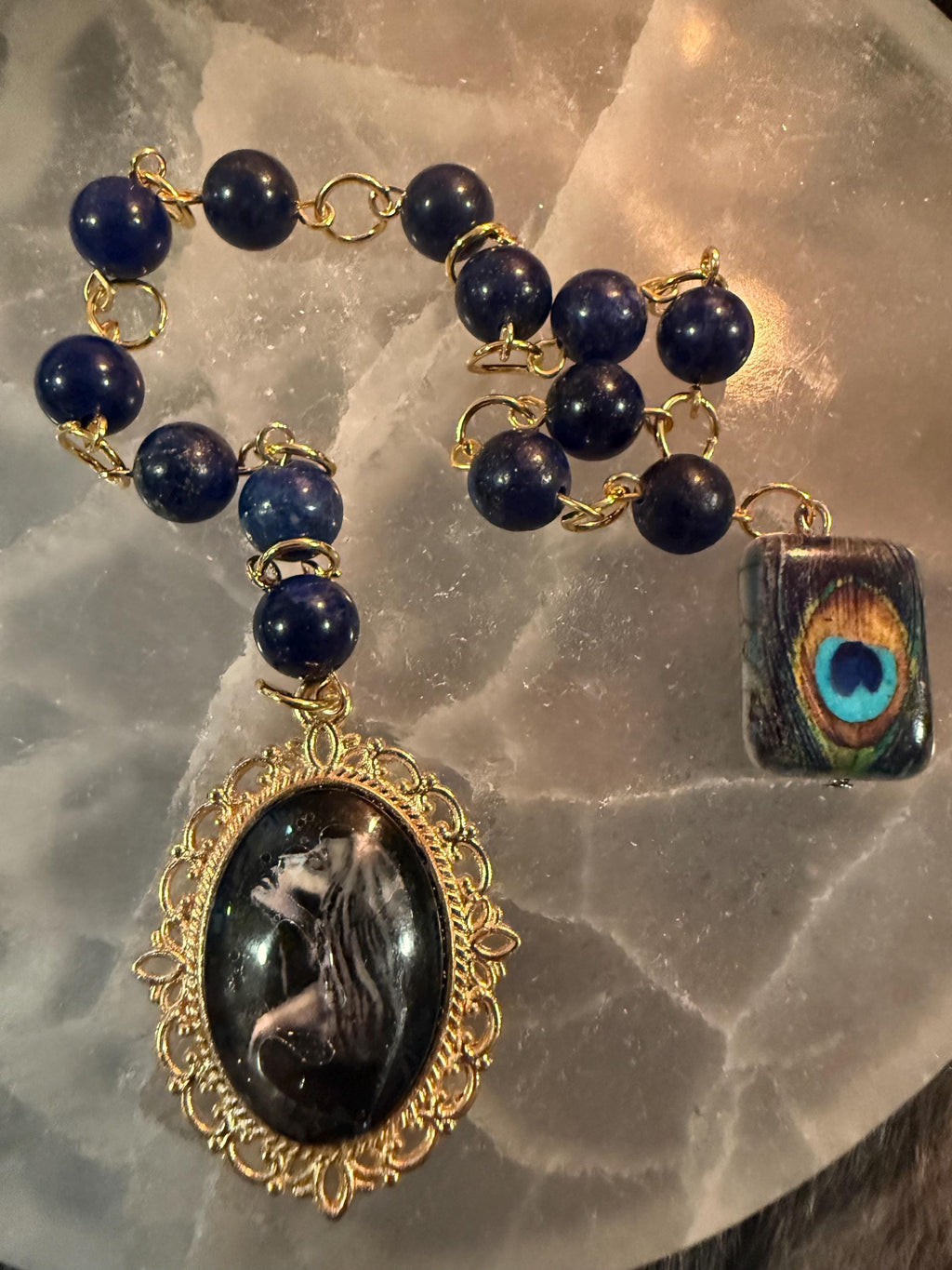 Hera Prayer Beads: Lapis Lazuli Goddess Rosary, Peacock Accent
