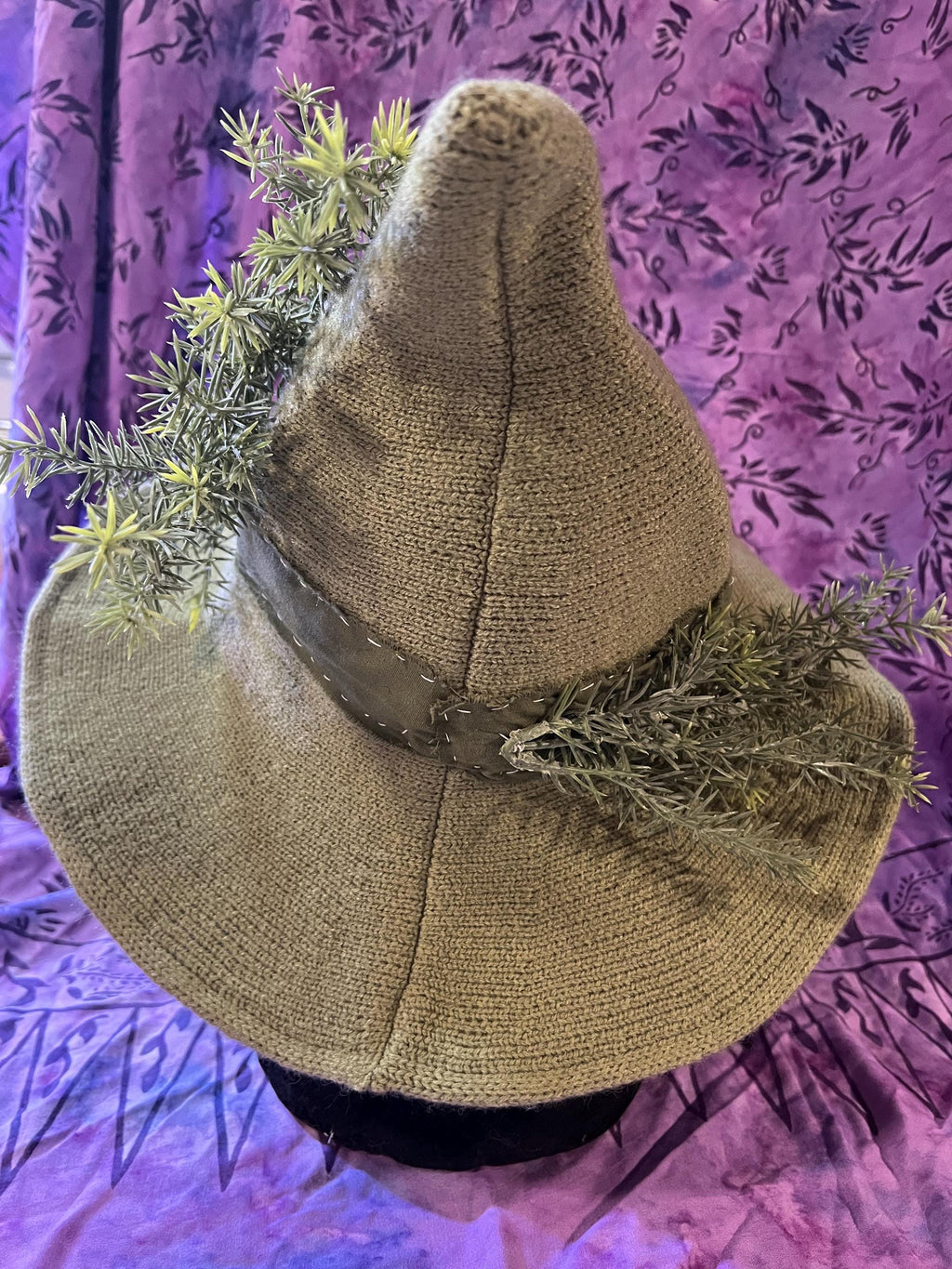Knit Witch Hat: Green Linen Band, Faux Rosemary Decor