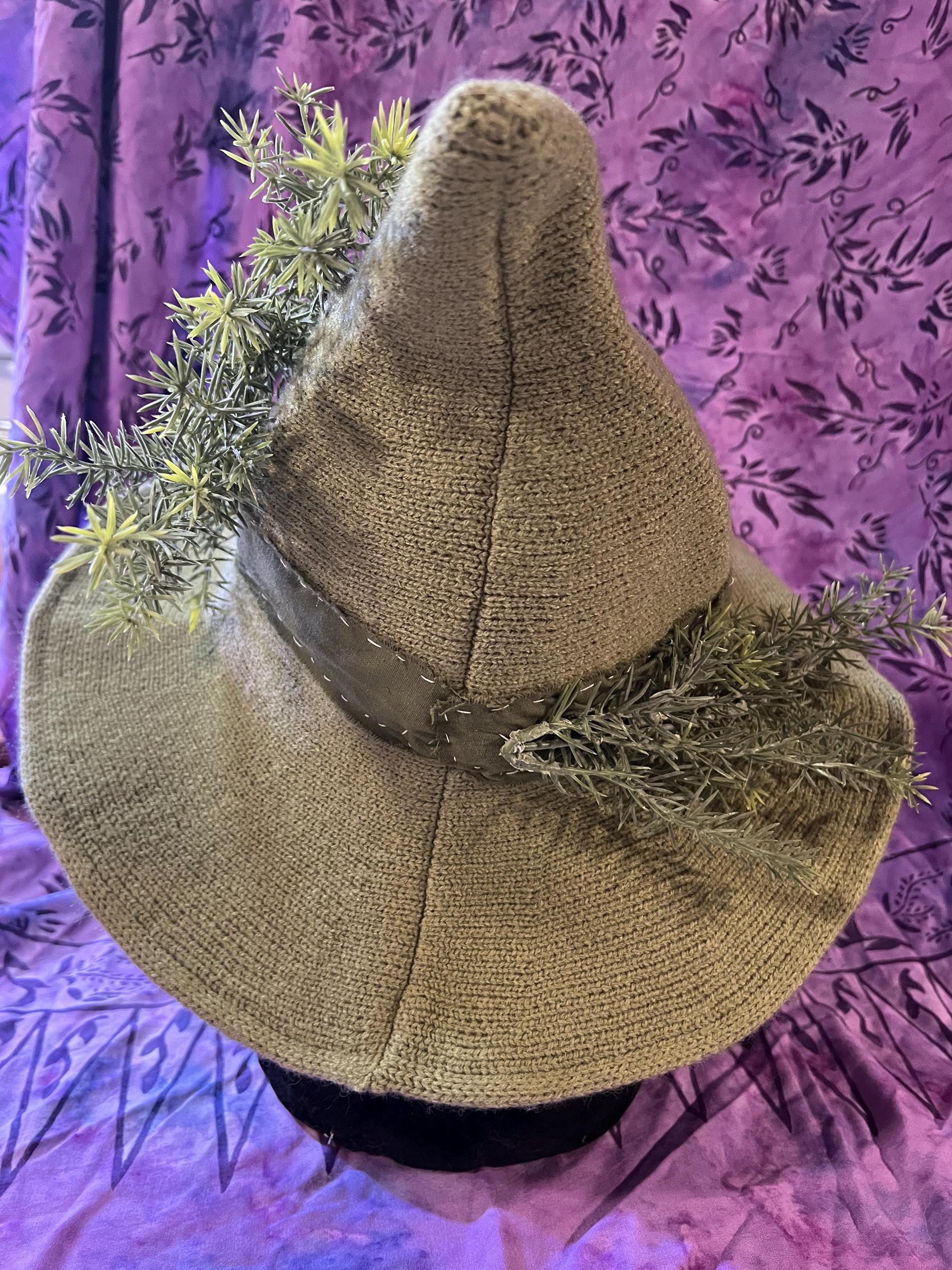 Knit Witch Hat: Green Linen Band, Faux Rosemary Decor