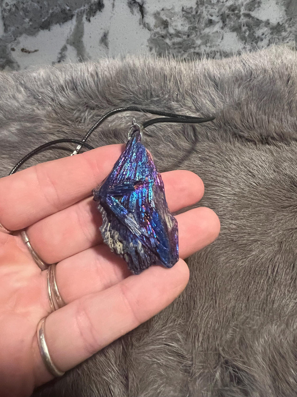 Aura Kyanite Witch Broom Pendant Necklace - Black Leather Cord