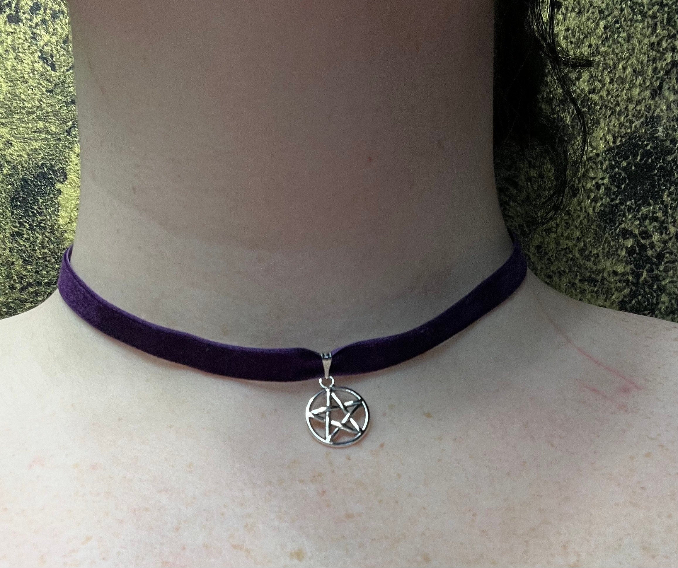 Velvet Pentacle Choker: Witchy Silver Pendant Necklace