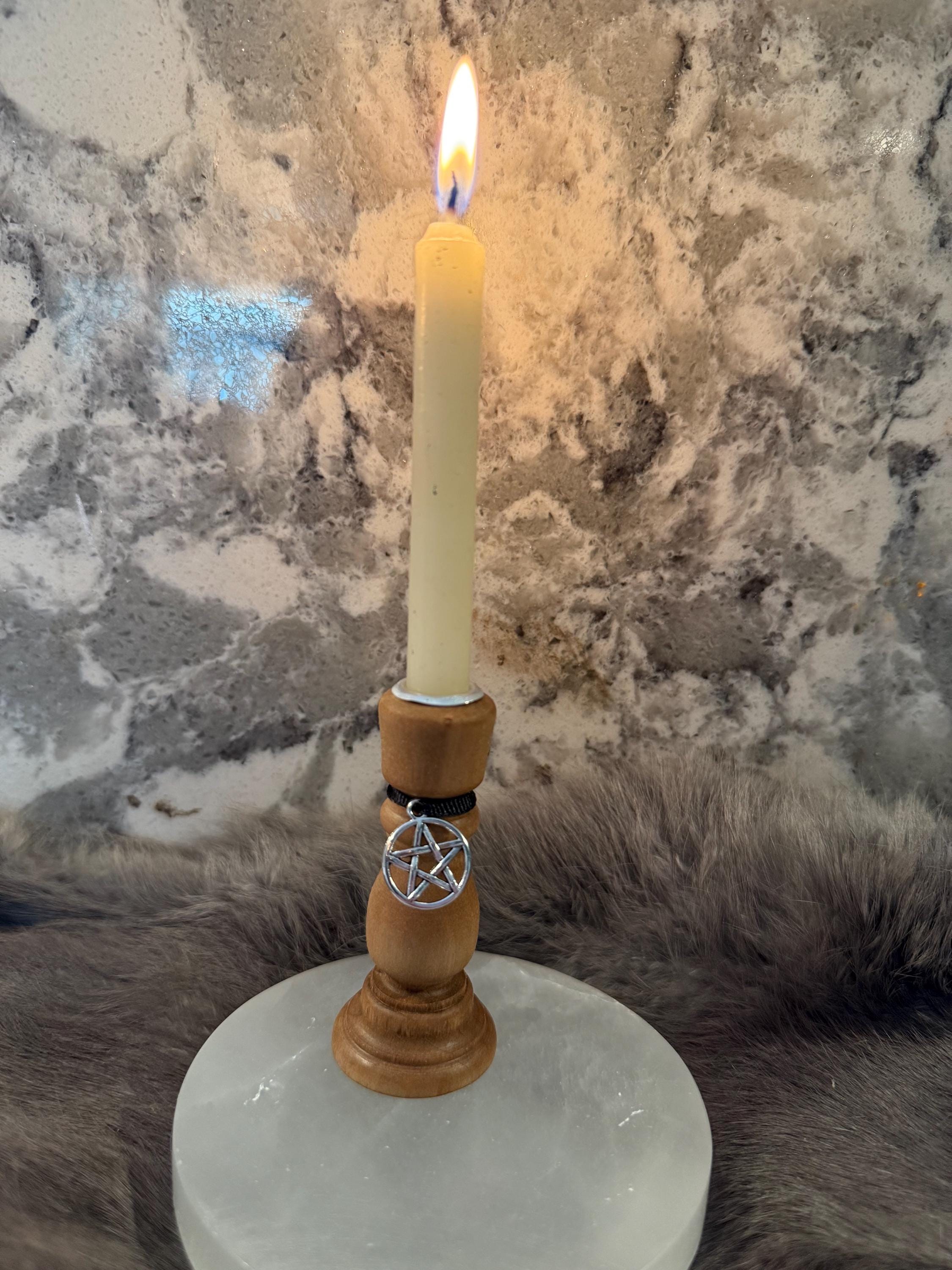 Wooden Chime Candle Holder: Golden Walnut Altar Decor with Pentacle Charm
