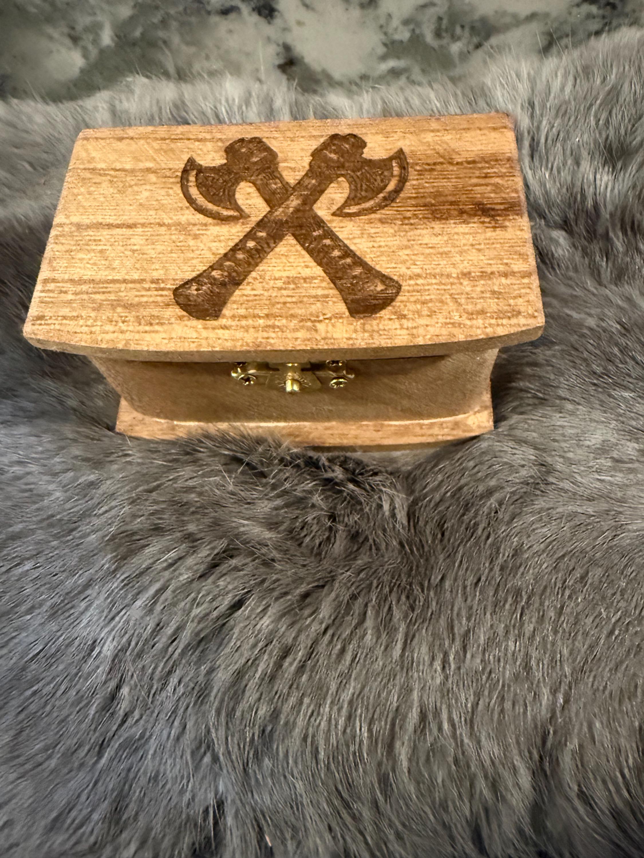 Gemstone Rune Set: Elder Futhark Runes With Crossed Viking Axes Etched Wooden Box