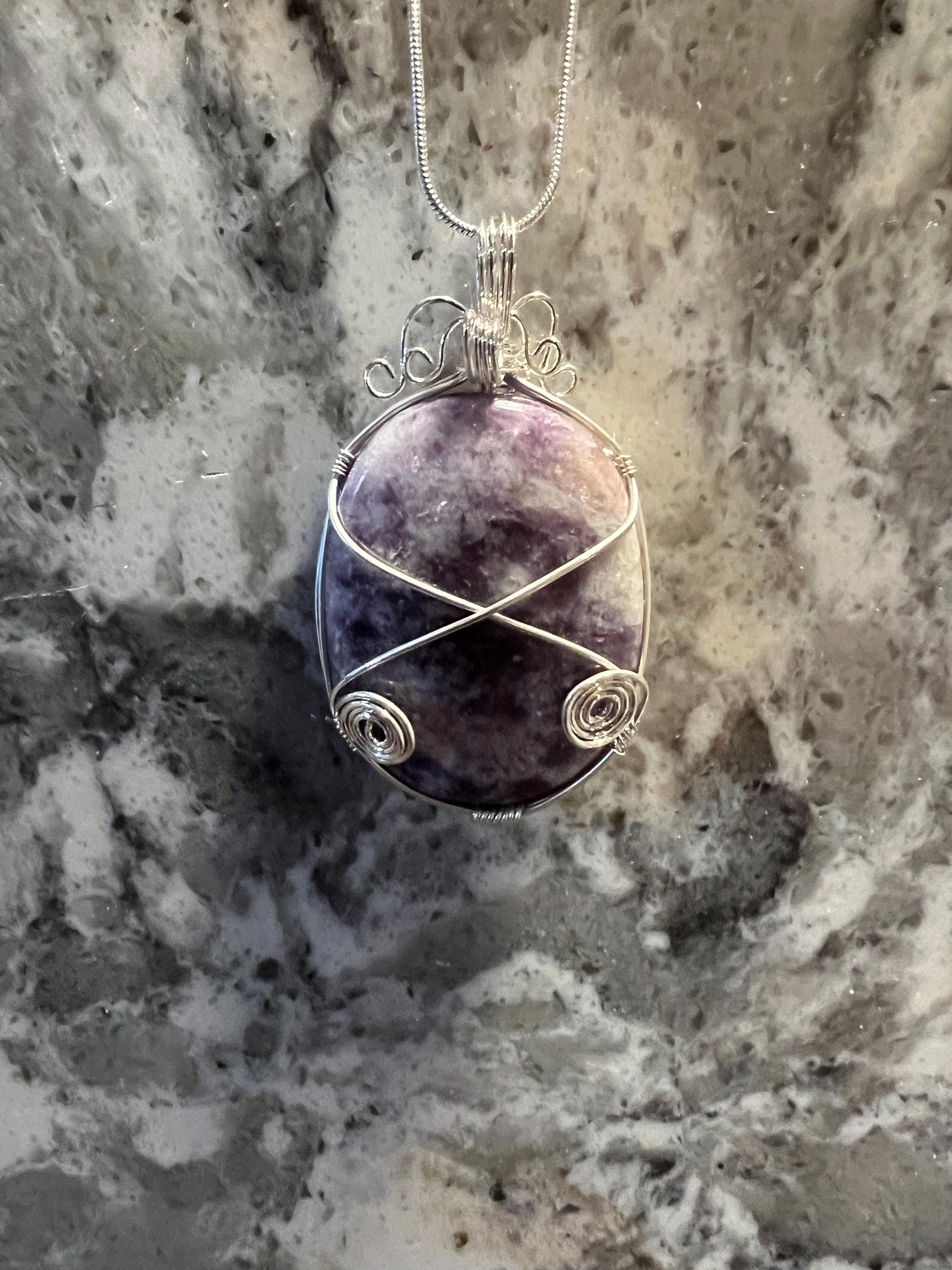 Wire Wrapped Lepidolite Pendant: Calming Gemstone Necklace