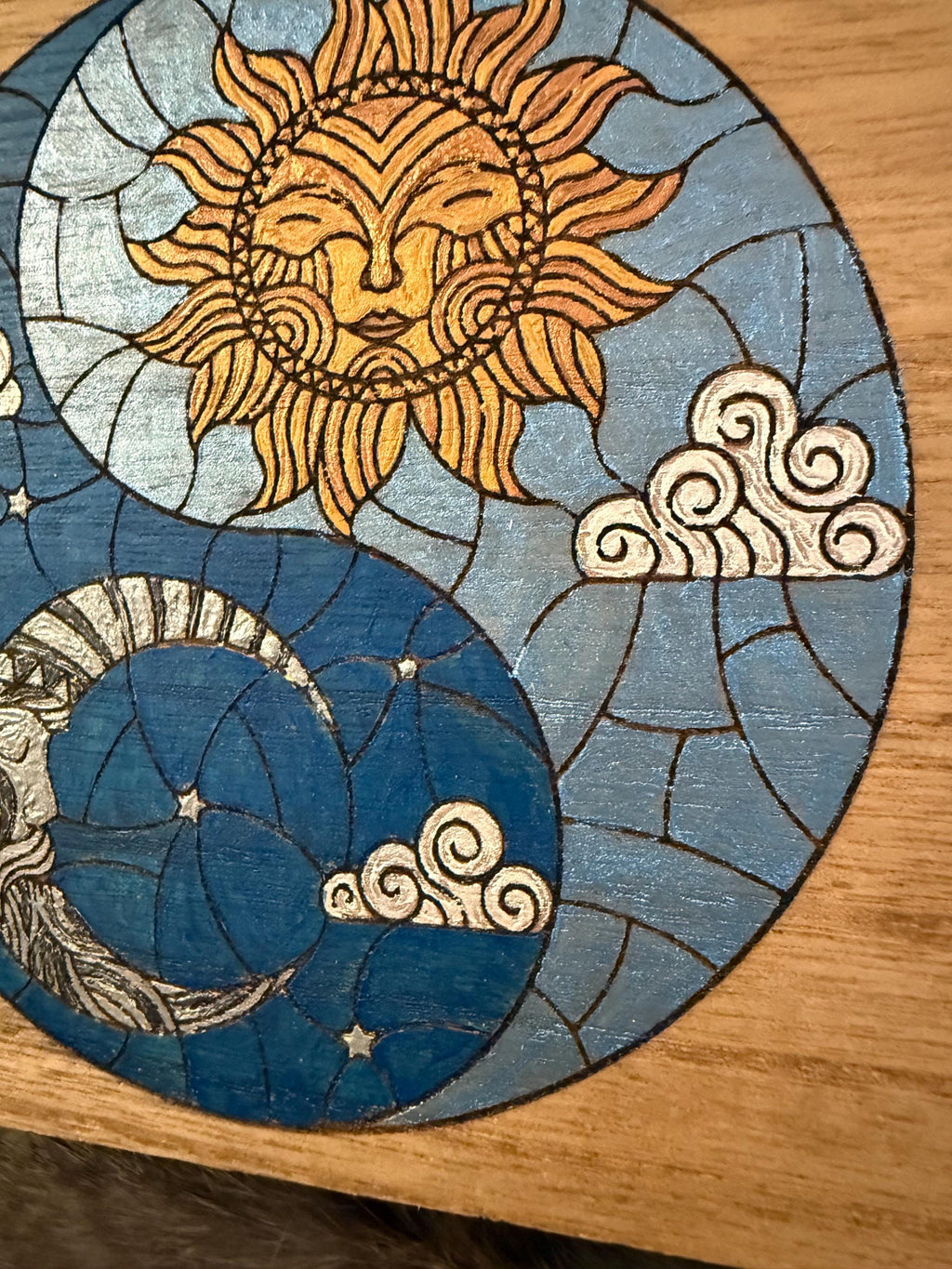 Celestial Yin Yang Altar Box: Wood Burned Sun & Moon