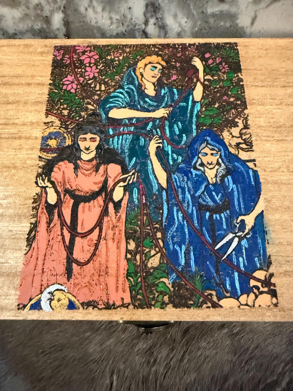 The Three Fates Altar Box: Wood Burned Greek Mythology Keepsake