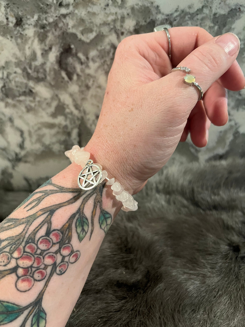 Handmade Rose Quartz Chip Bracelet: Gemstone Pentacle Charm