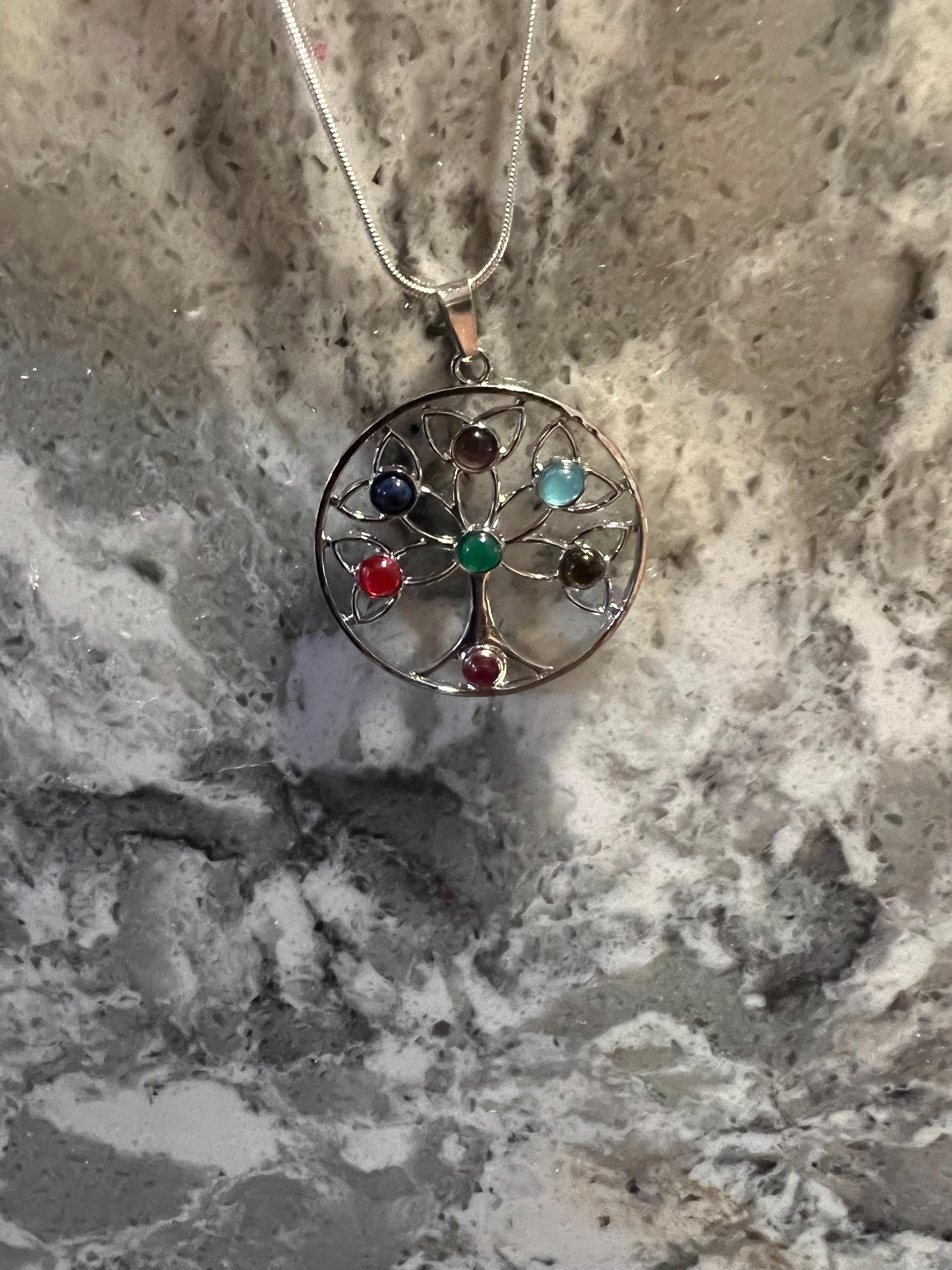 Celtic Tree of Life Necklace: Gemstone Inlay Pendant, Silver Chain